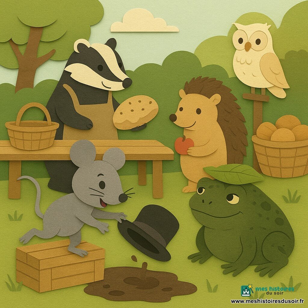 Une petite souris grise nommée Lili, malicieuse et joyeuse, tient un chapeau melon boueux sur une caisse en bois; à côté, Marcel le crapaud vert, boueux mais attendrissant, porte une feuille comme chapeau près d'une mare; un blaireau robuste dépose une grande galette aux graines sur une table de marché, un hérisson timide offre une mini pomme près d'un panier central tandis qu'une chouette crème observe depuis un poteau; dans la clairière ensoleillée aux tables en bois, paniers en osier et herbe verte, les animaux nettoient, rient et mettent biscuits, graines et plumes dans un grand panier commun après que le chapeau soit tombé dans la boue et ait fait rouler les cadeaux.