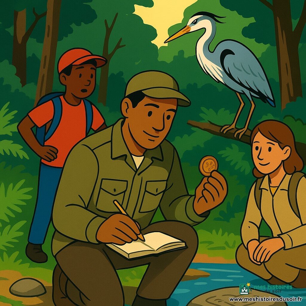 Un explorateur agenouillé près d’une source claire, carnet ouvert et crayon en main, observe une dalle gravée en tenant un jeton de bois ; à gauche un garçon d’environ 11 ans à la casquette rouge regarde émerveillé, à droite une femme d’environ 35 ans en tenue de marche sourit et écoute, un héron gris et blanc perché sur une branche au-dessus semble répondre ; clairière entourée d’arbres aux troncs mousseux, tapis de fougères, cercle de galets humides et rayons de soleil, moment calme et respectueux, couleurs contrastées (verts profonds, bleus clairs, bruns chauds, touches d’ocre).