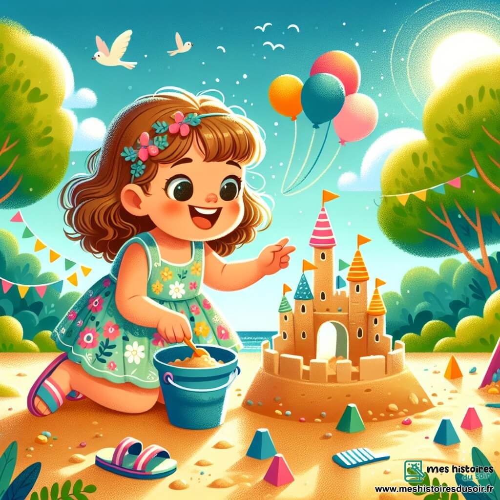 Une petite fille de 2 ans, avec de grands yeux pétillants et des cheveux bouclés, sourit en jouant dans le sable. Elle porte une robe légère à fleurs et des sandales colorées. À côté d'elle, Léa, une animatrice d'environ 25 ans, aide Lola à construire un château de sable. Léa est agenouillée avec un seau bleu et regarde Lola avec bienveillance. Le cadre est un camp de jeux en plein air avec des arbres, un ciel bleu et des ballons colorés. Le sable brille sous le soleil, et des rires d'enfants résonnent. Lola et Léa créent un château de sable avec des tours et des drapeaux en papier, Lola rit joyeusement pendant que Léa l'encourage.