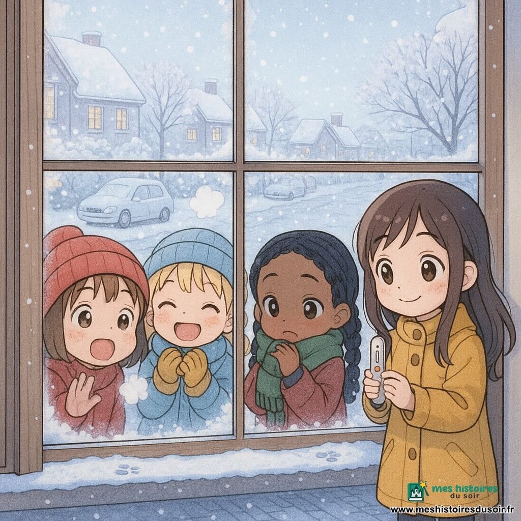 Quatre filles de 5 ans regardent l'hiver depuis une fenêtre embuée d'une rue enneigée au petit matin : Mila, cheveux bruns courts et bonnet rouge, colle son nez contre la vitre, émerveillée ; Zoé, blondes en couettes et bonnet bleu, rit doucement, mains en gants moutarde ; Inès, cheveux noirs tressés et écharpe verte, serre son écharpe et frissonne ; Jade, cheveux châtains longs en manteau jaune, tient un petit thermomètre près de la porte. Dehors, toits et voitures poudrés de neige, arbres givrés scintillants, pavé avec traces de pas et reflets bleutés ; leur souffle forme de petits nuages, des flocons tombent, ambiance calme aux teintes pastel froides et touches chaudes, style manga doux aux traits ronds et expressions émerveillées.