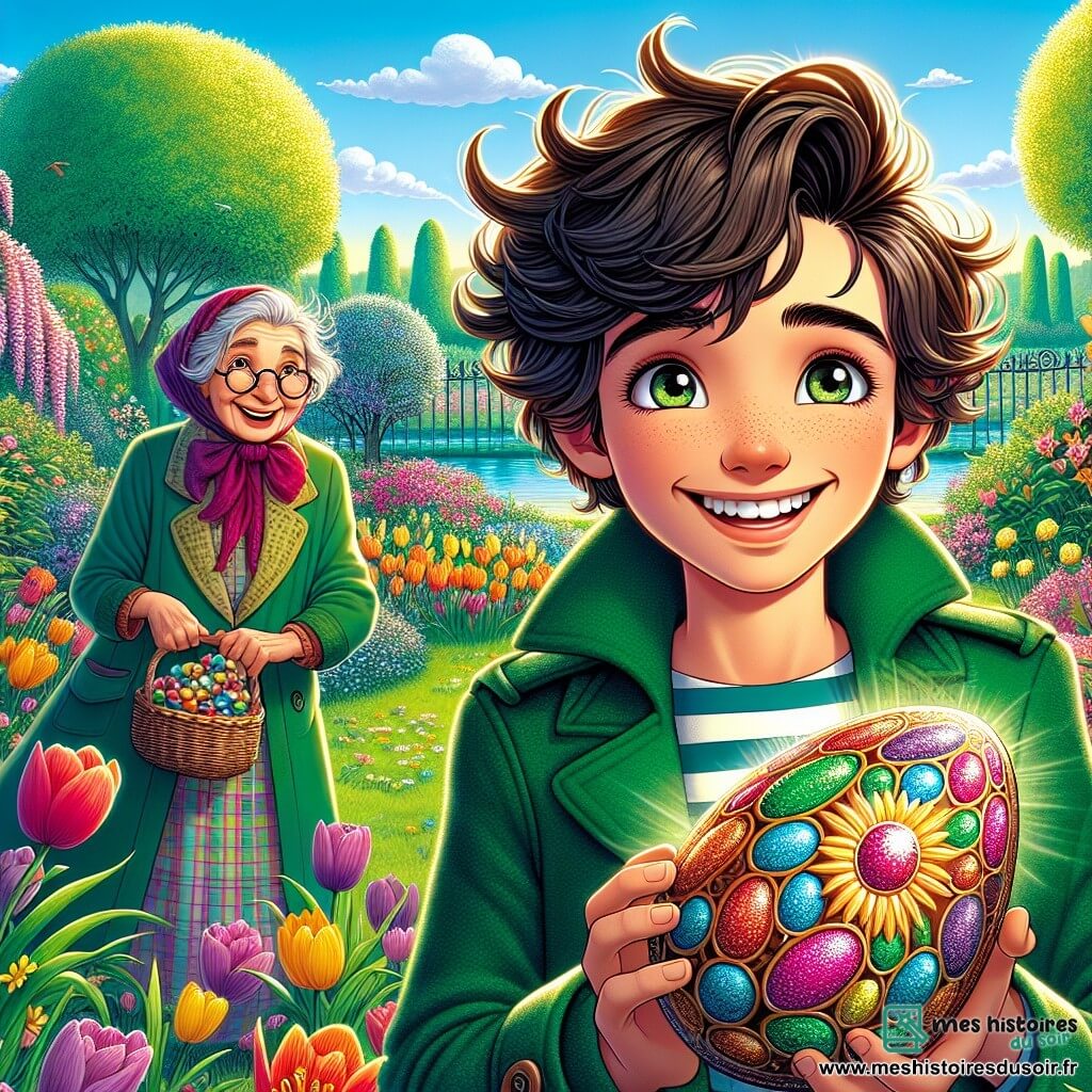 Un garçon de 12 ans, Maxime, souriant et tenant un œuf en chocolat coloré, se tient dans un jardin ensoleillé rempli de fleurs. À ses côtés, sa voisine Isabelle, une femme âgée souriante avec des lunettes rondes, observe la scène, un panier de bonbons à la main. Le jardin est plein de tulipes et de jonquilles, avec des œufs en chocolat cachés. Maxime découvre un œuf géant sous un buisson, entouré de ses amis émerveillés, créant une ambiance joyeuse et magique.