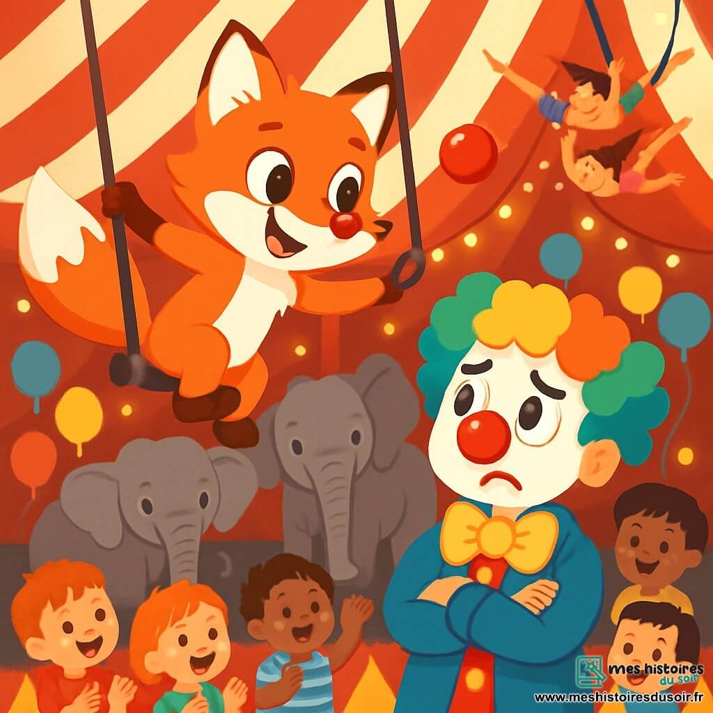 Un petit renard orange vif, nommé Filou, avec de grands yeux pétillants et un sourire malicieux, grimpe sur un trapèze à la recherche d'un nez rouge perdu. À côté, le clown Rigolo, au visage peint en blanc et au grand nez rouge, observe avec inquiétude. Le décor est une tente de cirque rayée rouge et blanche, ornée de lumières scintillantes et de ballons colorés, avec des éléphants majestueux en arrière-plan et des acrobates en costumes brillants. Filou cherche le nez rouge du clown, suspendu dans les airs, tandis que le public d'enfants émerveillés applaudit et rit, créant une ambiance joyeuse.