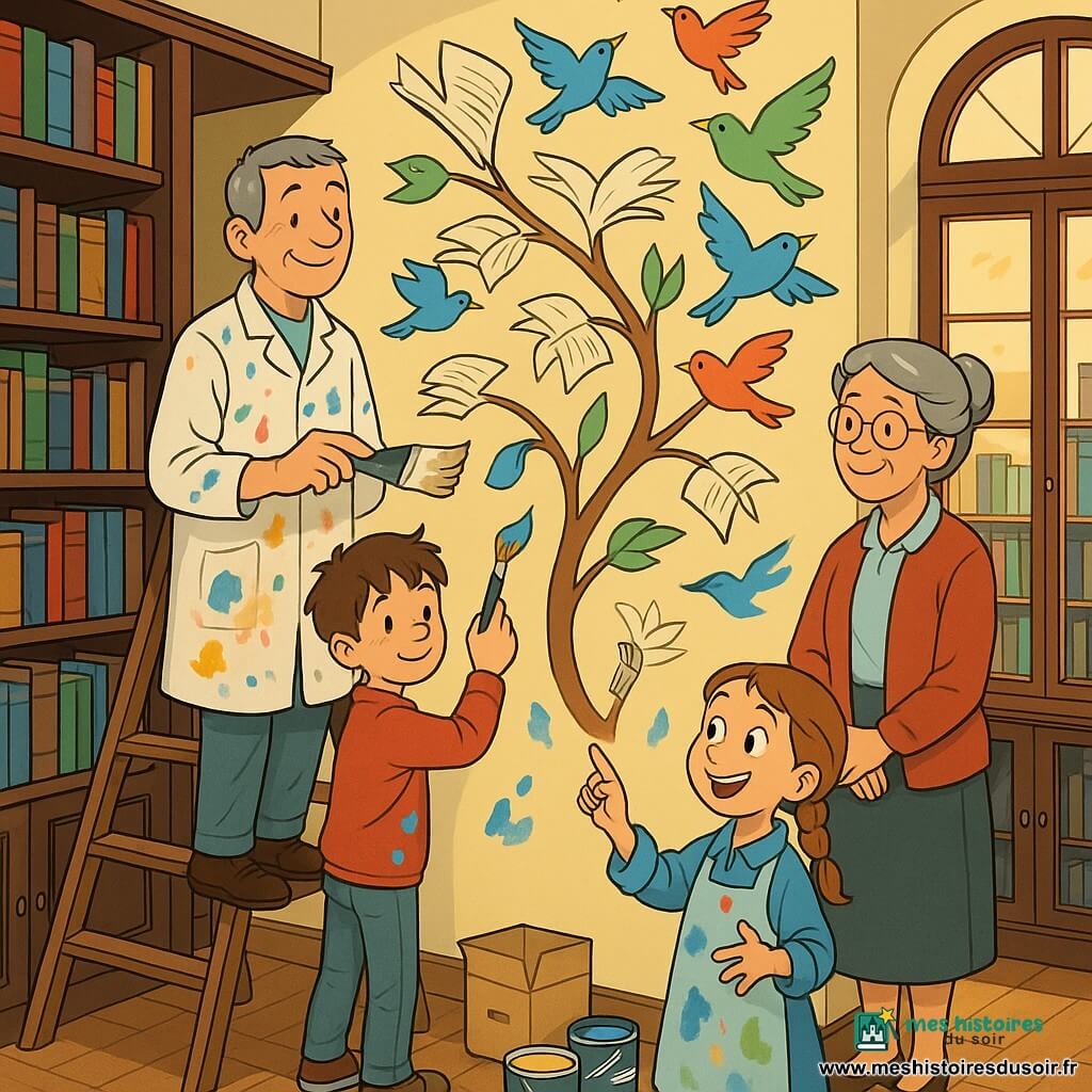 Louis, peintre calme et souriant aux cheveux poivre et sel, debout sur une marche avec une blouse tachée et un large pinceau, ajoute des oiseaux colorés qui semblent sortir des pages ; à sa gauche Jules, 8 ans, timide puis fier, peint une touche de bleu, une fillette de 7 ans aux cheveux tressés, enthousiaste et les mains peintes, montre une branche de pages, et madame Clara, bibliothécaire ronde et souriante d'environ 60 ans, observe près des étagères en bois ; intérieur : grande bibliothèque aux rayonnages sombres, fenêtre en arc laissant une lumière dorée, pots de peinture et cartons au sol, échelle appuyée au mur ; scène : création collective d'une fresque joyeuse représentant un arbre dont les branches deviennent des pages et des oiseaux qui s'envolent, ambiance chaleureuse, couleurs chaudes, lignes nettes et aplats de couleurs vives, rendu clair et lisible pour enfants.