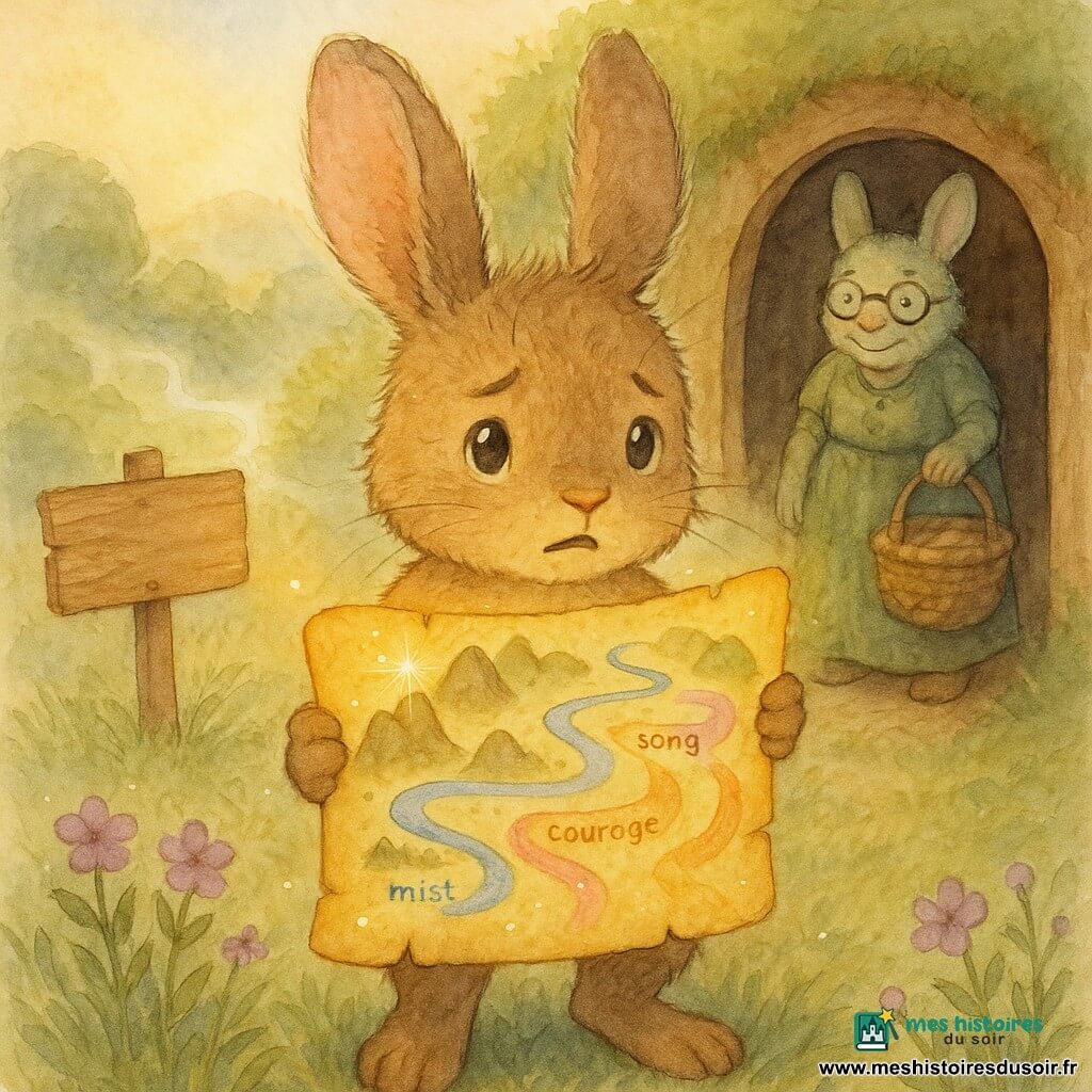 Petit lapin anthropomorphe brun clair aux grandes oreilles souples tient une carte dorée dans ses pattes, regard déterminé et un peu intimidé, posture droite, pelage mouillé de rosée et yeux brillants; Mamie Mousse, vieille lapine au pelage gris‑vert et lunettes rondes, se tient en retrait à la porte du terrier, souriante, main sur un panier; sur un panneau en bois la carte scintille — rivières argentées, montagnes arrondies et trois chemins courbés nommés Brume bleue, Chant rose et Courage orange; décor : vallon matinal d’herbe perlée et petites fleurs mauves, lumières dorées et brume légère entre bosquets moussus; scène de départ pleine d’espoir et d’aventure, centrée sur l’échange entre le lapin, la carte lumineuse et la grand‑mère, style aquarelle doux à lavis transparents, contours fins à l’encre et palette pastel chaude.
