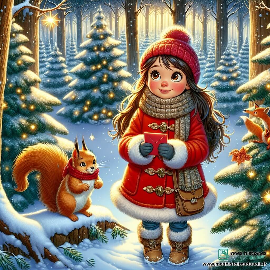 Émilie, une petite fille de 9 ans, se trouve au milieu d'une forêt enchantée, entourée de sapins couverts de neige. Elle a de longs cheveux bruns, des yeux curieux et porte un manteau rouge, une écharpe en laine et des bottes fourrées. Souriante et les joues rosies par le froid, elle tient une lettre rouge destinée au Père Noël. À ses côtés, un écureuil aux yeux brillants l'observe avec gratitude, tandis qu'un renard curieux se tient un peu en retrait. La scène, magique, est illuminée par des lumières scintillantes et des flocons d'or dansant dans l'air. Émilie, déterminée, s'apprête à remettre sa lettre, symbolisant l'esprit de Noël et la magie de l'entraide.