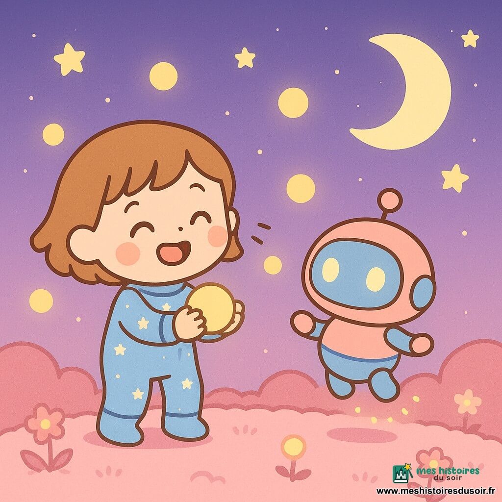 Léa, une fille aux cheveux courts châtain clair, souriante en combinaison spatiale bleu ciel à petites étoiles blanches, tient une balle de lumière jaune; Tobi, petit robot rond métallique pastel rose et bleu aux yeux lumineux, saute à côté d'elle en projetant des étincelles; sur la planète Amie au sol moelleux rose bonbon avec collines et fleurs lumineuses, sous un ciel violet dégradé étoilé et une grande lune, ils jouent avec des balles de lumière flottantes dans une ambiance chaleureuse et tendre, couleurs pastel, formes arrondies et contours doux.