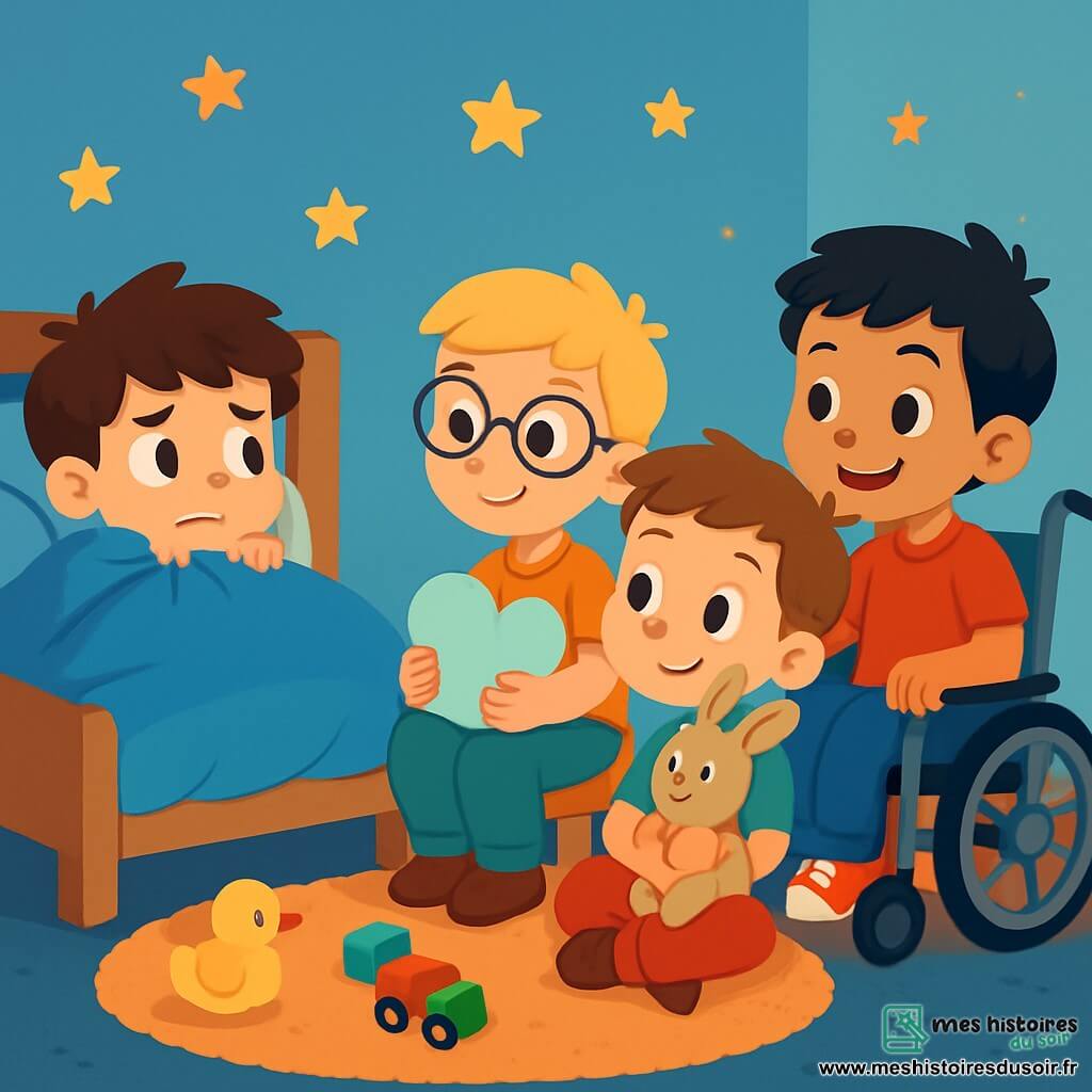 Il y a quatre enfants : Louis, un garçon de 6 ans avec des cheveux bruns en bataille et une expression d'inquiétude, allongé sur son lit sous une couette bleue ; Sami, avec des cheveux blonds et des lunettes rondes, assis sur le tapis avec un coussin nuage et un sourire rassurant ; Hugo, avec des cheveux châtains et un doudou lapin, prêt à écouter une histoire ; et Mathieu, avec des cheveux noirs dans un fauteuil roulant décoré, souriant près de la veilleuse. La chambre d'enfant est chaleureuse, avec des murs bleu clair, un tapis moelleux et des jouets éparpillés. Les quatre amis partagent des histoires drôles pour surmonter leur peur du noir, créant une atmosphère de rires et de complicité.