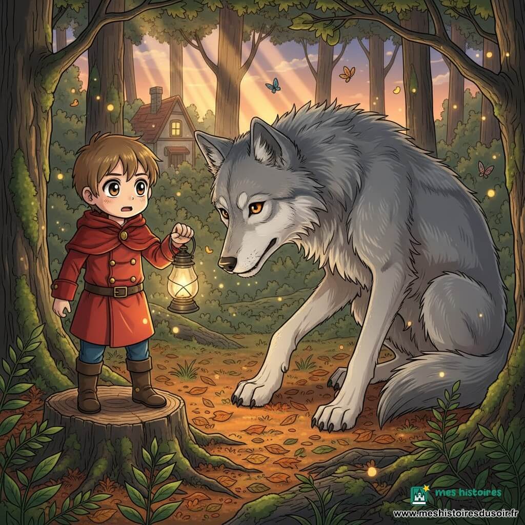 Garçon de 4 ans, cheveux châtain clair courts, regard courageux mais tremblant, manteau rouge à boutons dorés, tenant une petite lampe à huile allumée sur une souche d'arbre, face à un grand loup gris argenté aux yeux ambre, accroupi et curieux à quelques pas ; la mère est absente, une maisonnette lointaine à demi cachée par les arbres laisse filtrer une lumière chaude ; lisière de forêt au crépuscule avec feuilles orangées, troncs moussus et lucioles, atmosphère mystérieuse mais chaleureuse, fort contraste entre la lampe chaude et la lumière froide du soir.