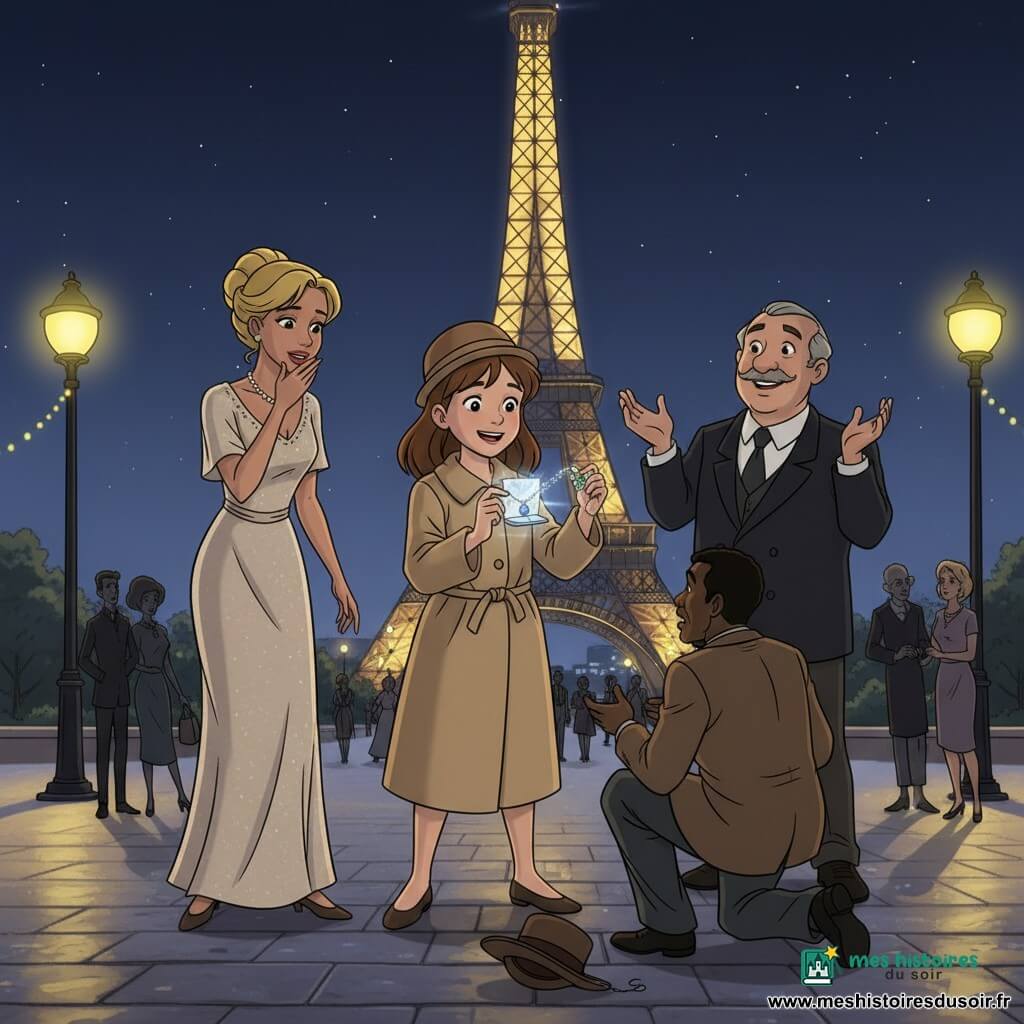 Marianne, environ 12 ans, rayonnante et fière, visage rond, cheveux bruns mi-longs sous un petit chapeau melon, manteau beige, tient un paquet scintillant ouvert montrant le collier retrouvé; Hector, environ 55 ans, sage et souriant, moustache grise, costume sombre et canne, se tient derrière elle, bras légèrement levés; Hermeline, environ 35 ans, émue et soulagée, robe longue nacrée, cheveux blonds relevés, se couvre la bouche en regardant le collier; le voleur, environ 30 ans, surpris et penaud, veste froissée, chapeau tombé, agenouillé devant Marianne; scène de nuit au pied de la Tour Eiffel avec lampadaires jaunes, guirlandes lumineuses, pavés humides réfléchissants et foule élégante en arrière-plan; composition centrée sur les personnages en cercle autour du trésor retrouvé, ambiance animée et couleurs vives.