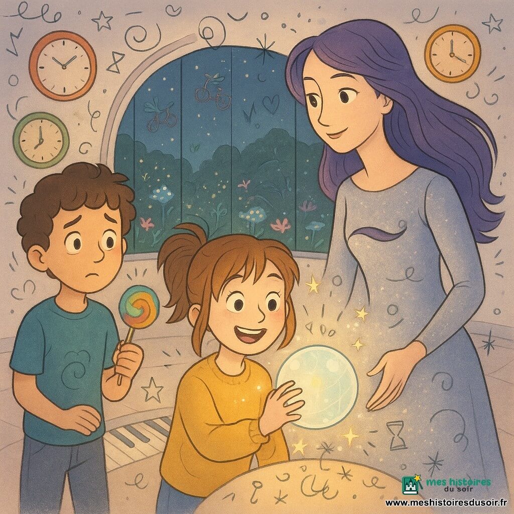 Zoé, 10 ans, cheveux châtain clair en couettes désordonnées, souriante, touche du plat de la main une sphère lumineuse flottante ; Iris, ~35 ans, cheveux violets longs en robe argentée, la regarde bienveillante depuis la droite ; à gauche, un garçon d’environ 9 ans aux boucles brunes, soulagé, tient une sucette arc‑en‑ciel ; ils se trouvent dans la grande salle ronde de la Station de Contrôle Temporel, murs nacrés couverts d’horloges, grandes baies sur un jardin nocturne aux fleurs phosphorescentes et vélos volants, sol iridescent avec un clavier de piano incrusté ; Zoé active le Globe des Possibles, une sphère translucide projetant des hologrammes de futurs colorés, tandis que des étincelles et petits symboles du temps (sablier, aiguilles, étoiles) flottent autour, ambiance magique et rassurante.