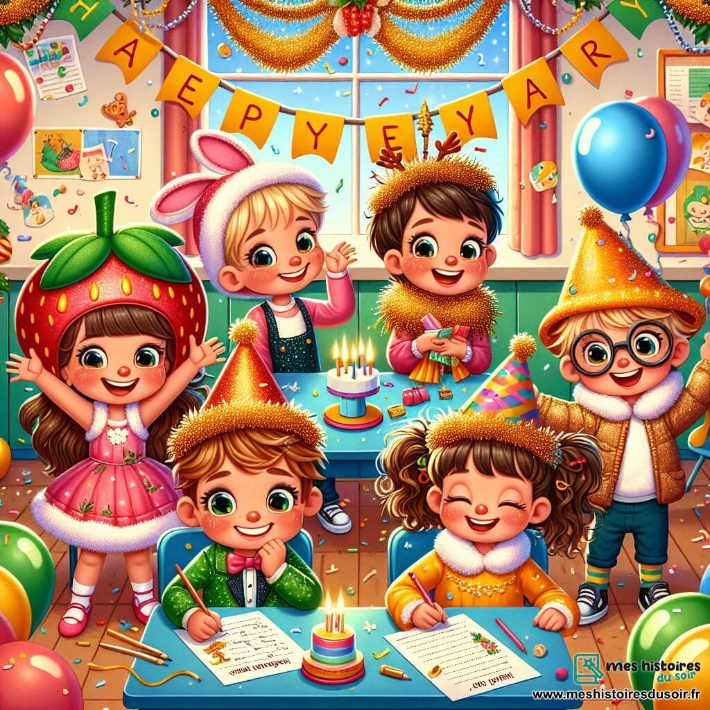 Dans une salle de classe décorée pour le Nouvel An, cinq enfants sont présents. Anaïs, 8 ans, avec de longs cheveux bruns et des lunettes, porte un chapeau en forme de fraise et tient une guirlande dorée. À côté, Lucas, 7 ans, avec des cheveux blonds en bataille et un chapeau à paillettes, agite un ballon coloré. Au centre, Lila, 6 ans, danse avec un chapeau en forme de lapin. À droite, Maxime, 8 ans et lunettes, lit un vœu à voix haute, souriant. Enfin, Camille, 7 ans, est assise par terre, prête à écrire son vœu. La salle est remplie de décorations festives, de guirlandes scintillantes et de ballons flottants. Les enfants préparent une boîte à vœux, écrivant leurs souhaits sur des feuilles de papier, entourés de rires et de chants pour célébrer la nouvelle année.