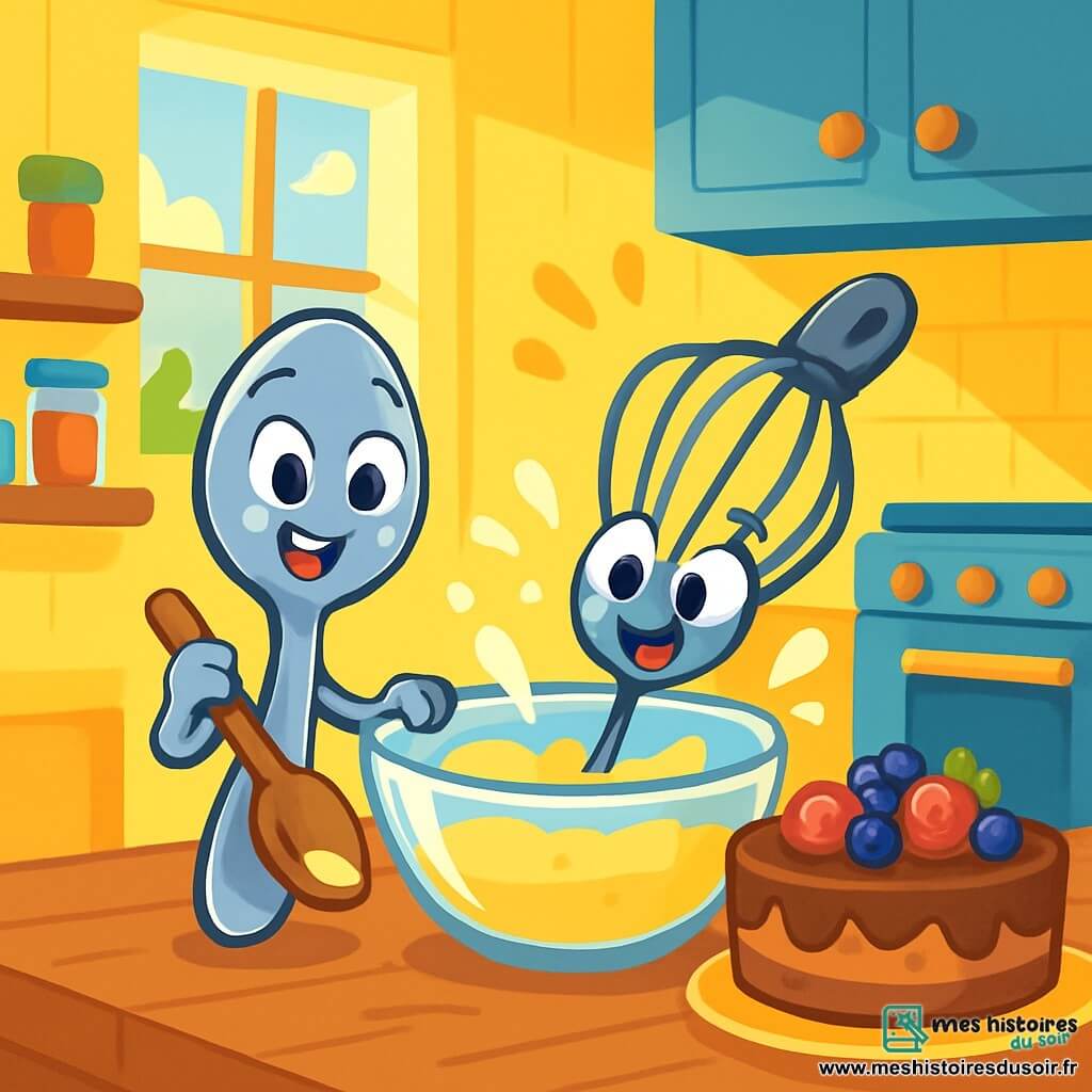 Dans une cuisine ensoleillée, une petite cuillère en inox nommée Poupette, souriante et pétillante, se tient sur le bord d'une table en bois, mélangeant une pâte à gâteau. À côté, un fouet joyeux s'agite dans un bol en verre, créant des éclaboussures. La cuisine est colorée, avec des murs jaunes et des étagères de pots d'épices. Sur la table, un gâteau au chocolat décoré de fruits frais attend. Poupette et le fouet sont concentrés sur leur tâche, prêts à surprendre leur maman pour la fête des mères, dans une atmosphère joyeuse.