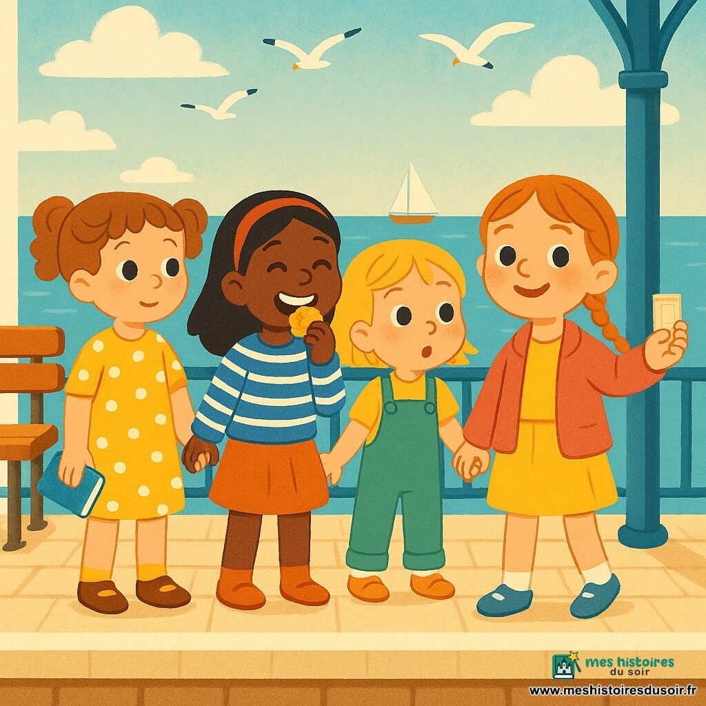Quatre filles de 4 ans — Lina aux couettes châtain clair en robe jaune à pois tenant un petit carnet, Zoé aux cheveux noirs lisses et bandeau rouge qui mange un biscuit, Inès aux cheveux blonds courts en salopette verte collant son nez à la fenêtre et Mia aux tresses rousses en petite veste rose tenant un billet de train — se tiennent par la main sur un quai pavé en bord de mer, regardant la mer turquoise et des voiles au loin, joyeuses et émerveillées ; ambiance aux couleurs vives, formes simples et contours doux, bancs en bois, poteaux bleus et mouettes dans un ciel lumineux.