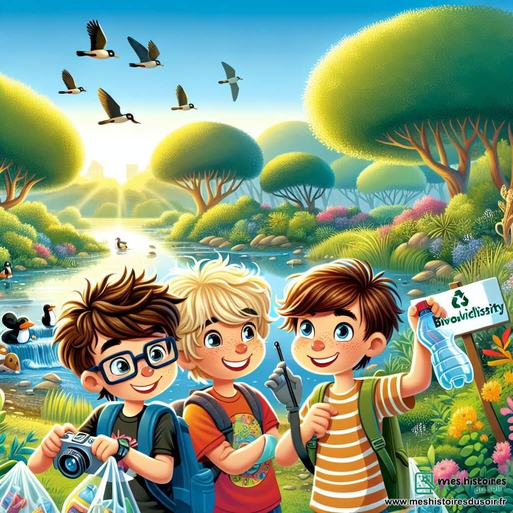 Trois garçons se tiennent au centre de la scène : Lucas, 10 ans, avec des cheveux bruns en désordre et des lunettes, sourit en tenant un panneau sur la biodiversité. À sa droite, Max, 9 ans, aux cheveux blonds, brandit une bouteille en plastique qu'il vient de ramasser. À gauche, Tom, 10 ans, avec des cheveux châtains, prend une photo avec son téléphone. En arrière-plan, la réserve naturelle est remplie d'arbres majestueux, d'un étang scintillant et de fleurs colorées. Les garçons ramassent des déchets pour nettoyer la réserve, entourés de sacs poubelles colorés, affichant enthousiasme et détermination pour protéger la nature et sensibiliser à l'écologie.