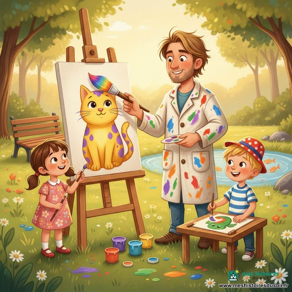 Léo, souriant et bienveillant, cheveux châtain clair en bataille et barbe légère, porte une blouse tachée de peinture et montre à Emma et Tom comment mélanger les couleurs devant un grand chevalet en bois ; Emma, une fillette aux couettes brunes en robe à fleurs, peint un chat jaune tacheté de violet à gauche, et Tom, un garçon au chapeau rouge et t-shirt rayé, peint un dragon vert souriant à droite sur une petite table, tandis que la scène joyeuse se déroule dans un parc ensoleillé aux herbes et marguerites, avec un banc, un petit étang et des arbres en arrière-plan, éclaboussures et pots de peinture autour, rendu en style pastel gras aux contours doux, couleurs saturées et textures visibles.