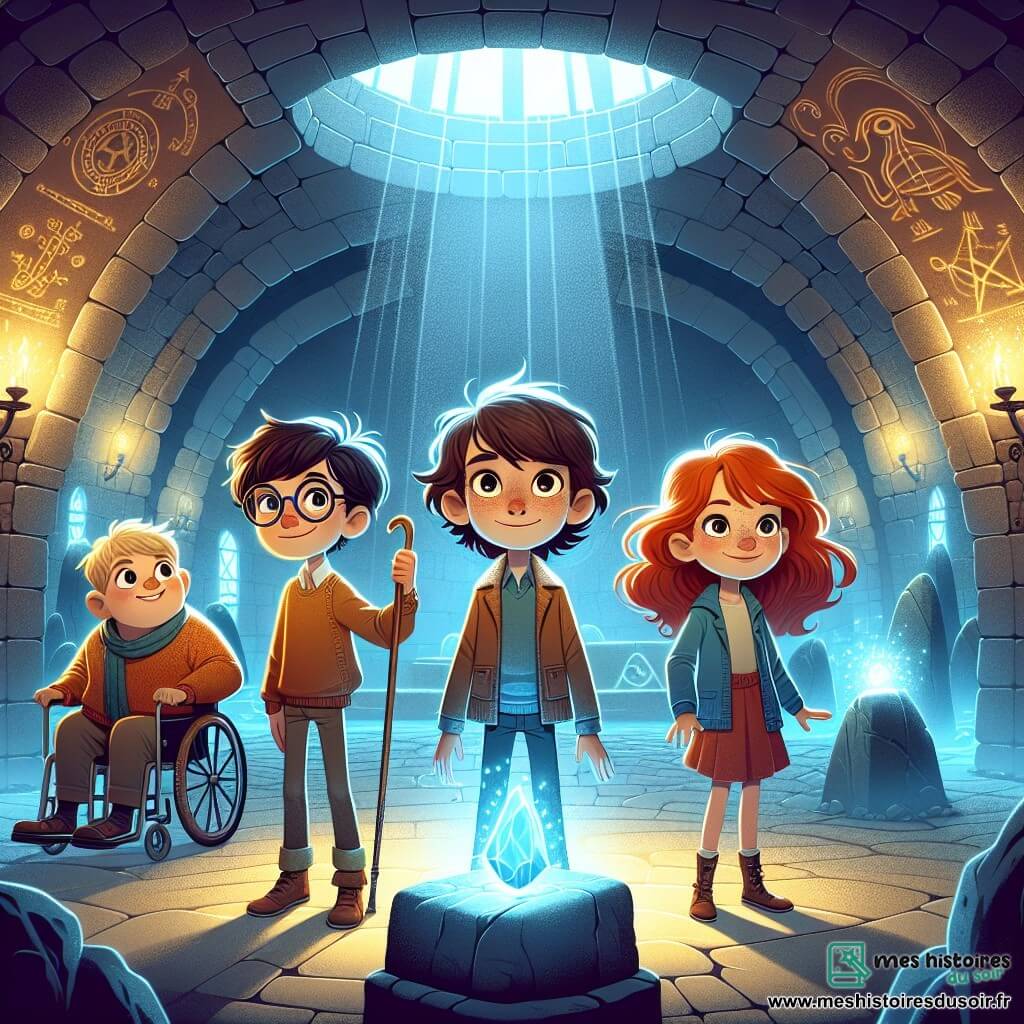 Dans une grande salle souterraine, quatre enfants se tiennent au centre, entourés de murs en pierre ornés de symboles mystérieux. Léo, 10 ans, avec des lunettes rondes et des cheveux bruns en bataille, admire une pierre magique scintillante. À ses côtés, Élise, 9 ans, aux cheveux roux, pointe du doigt la lumière bleue de la pierre. Arthur, 11 ans, avec une béquille, observe avec émerveillement, tandis que Clara, 10 ans, aux cheveux châtains, ferme les yeux, concentrée sur l'énergie magique. La salle, vaste et voûtée, est illuminée par la pierre, avec des stalactites et un sol parsemé de petites pierres brillantes. Les enfants viennent de découvrir la pierre magique et se préparent à l'utiliser pour sauver la magie de leur ville, Néo-Lumière, en danger.