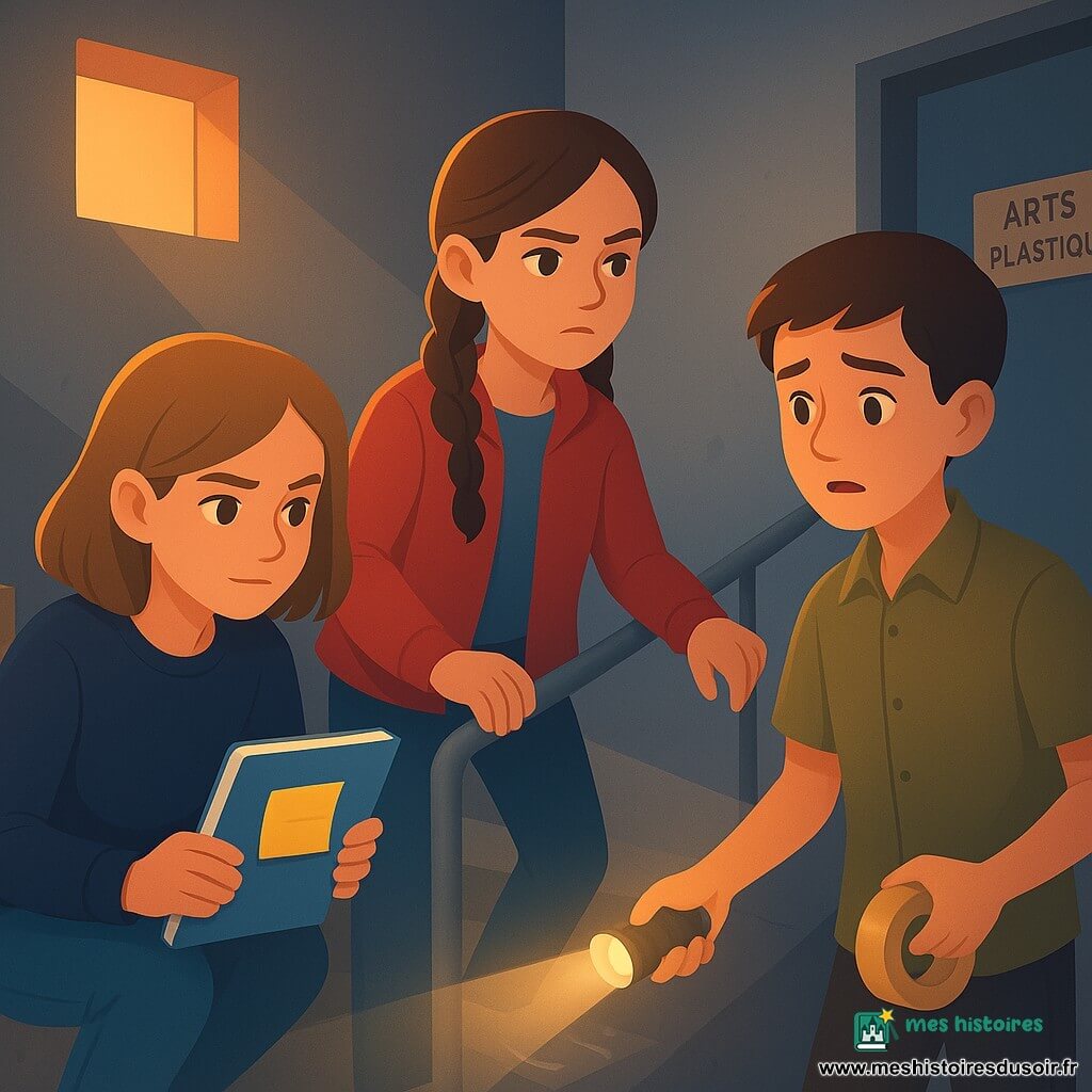 Mila, 12 ans, cheveux châtain mi‑long, visage concentré, accroupie près d’un extincteur tenant délicatement un cahier bleu avec un petit post‑it jaune ; Léo, 12 ans, timide et penaud, cheveux courts bruns, debout en retrait tenant une lampe torche allumée et un rouleau de scotch ; Inès, 12 ans, tresse sombre, expression décidée, proche de Mila, main sur la rampe ; cage d’escalier en spirale aux murs gris clair et marches en béton usé, petite fenêtre projetant une lumière orangée, deux petits miroirs alignés renvoyant un faisceau lumineux jusqu’à la porte de la salle d’arts plastiques, carton ouvert et papier bulle visibles, traces de craie, ambiance mystérieuse mais sûre avec ombres longues et reflets nets, composition mi‑large centrée sur les visages, le cahier bleu et la trajectoire lumineuse, palette lumière chaude et tons pastel, style graphique aux formes nettes, dégradés doux et ombres portées subtiles.