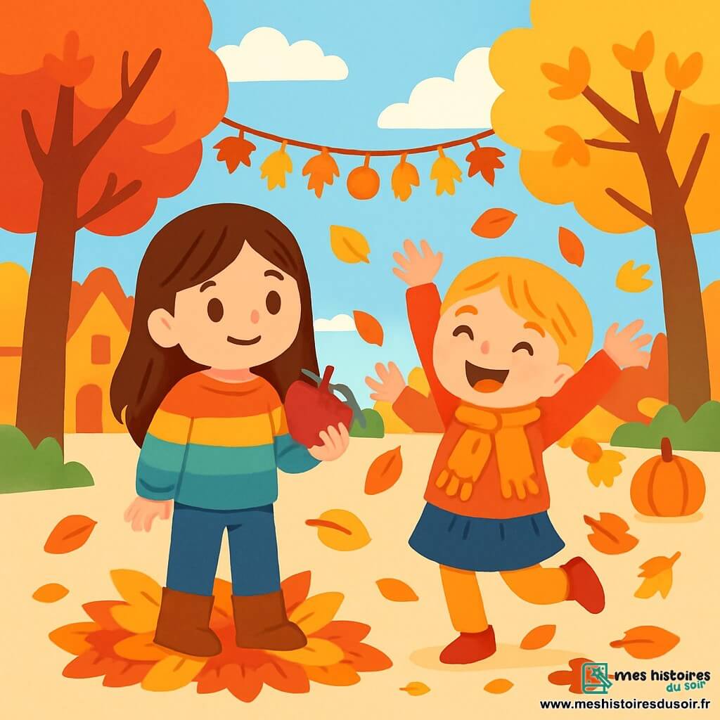 Deux personnages principaux : Lou, une petite fille de 7 ans avec de longs cheveux bruns, souriante sur un tas de feuilles, tenant une pomme rouge, et Emma, également âgée de 7 ans, avec des cheveux blonds en tresses, riant à côté de Lou, entourée de feuilles tombantes. Le lieu est une grande place du village ornée de guirlandes de feuilles colorées et de petites citrouilles, avec des arbres aux feuilles rougeoyantes et dorées sous un ciel bleu doux. Lou et Emma jouent ensemble dans les feuilles d’automne, créant une atmosphère joyeuse et festive.