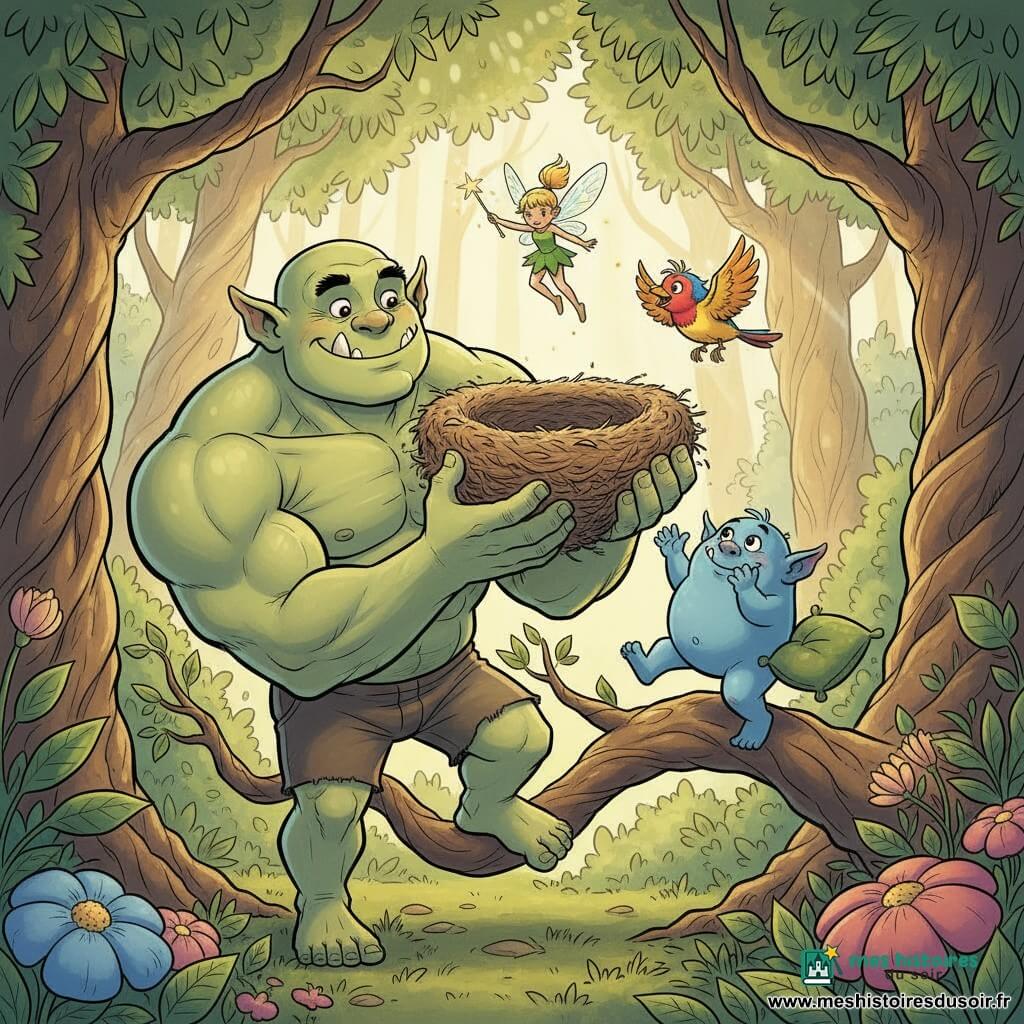 Grom, un grand ogre garçon musclé à la peau vert clair et sourire doux malgré ses dents pointues, tient délicatement un nid d'oiseau géant pendant que Bobo, ogre plus petit, rond et bleu, applaudit en sautillant sur une branche avec un coussin de feuilles ; la fée minuscule Lila, aux ailes iridescentes et cheveux dorés, flotte au-dessus en agitant une baguette scintillante pendant qu'un petit oiseau rouge et jaune s'envole depuis le nid réparé, le tout dans une clairière lumineuse d'une forêt enchantée aux arbres torsadés et fleurs géantes, ambiance chaleureuse et calme, couleurs vives, traits ronds et style bande dessinée européenne adapté aux enfants.