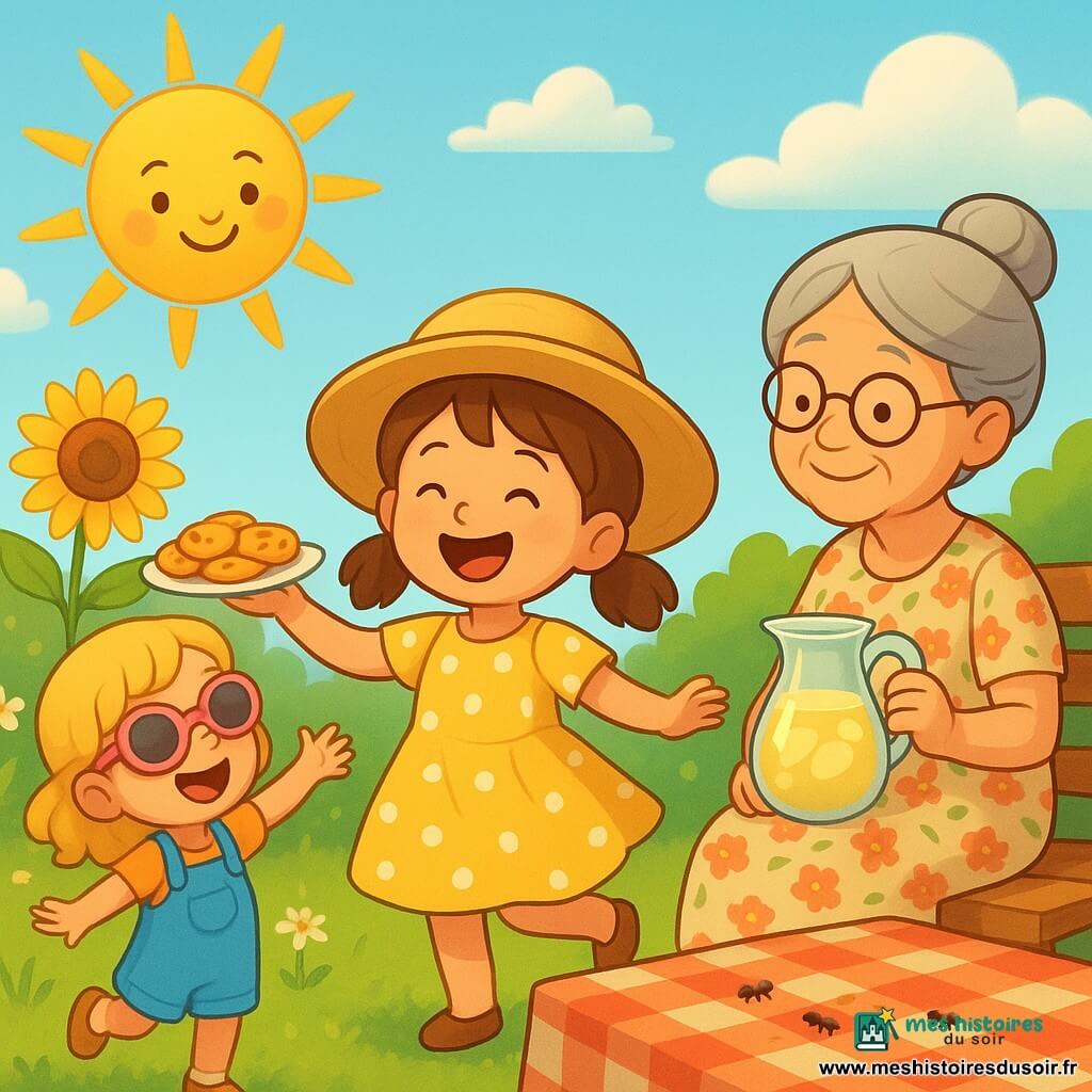 Trois personnages dans un jardin lumineux : Lola, 3 ans, cheveux bruns en couettes, robe jaune à pois blancs et chapeau de paille trop grand, tourne en riant au centre ; Zoé, 3 ans, cheveux blonds bouclés, salopette bleue et lunettes de soleil roses, à gauche tend une petite assiette de biscuits vers le ciel ; Mamie, environ 70 ans, cheveux gris en chignon, robe à fleurs et lunettes rondes, assise à droite sur un banc tenant une carafe de limonade et souriant; derrière elles un grand tournesol, pelouse verte, parterre de marguerites, table en bois à nappe à carreaux, quelques fourmis et miettes, et un soleil dans le ciel au visage souriant qui les regarde tandis que les filles chantent et dansent pour l'inviter à se reposer.