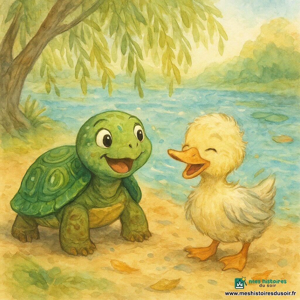 Une tortue nommée Olive, joyeuse et un peu surprise, carapace vert émeraude brillante à motifs concentriques, pattes boueuses, yeux ronds, assise sur la berge pour se sécher avec des éclaboussures sur sa carapace; à côté, un canard timide appelé Gustave, plumage jaune pâle aux reflets gris, ailes humides, riant en secouant la tête et inclinant le bec vers Olive; en arrière-plan, un saule penché, nénuphars flottants, feuilles emportées par le courant et une rivière bleue-verte légèrement agitée; ambiance joyeuse et mouvementée après une course de feuilles, touches aquarelle, couleurs douces et textures humides animées par des gerbes d'eau.