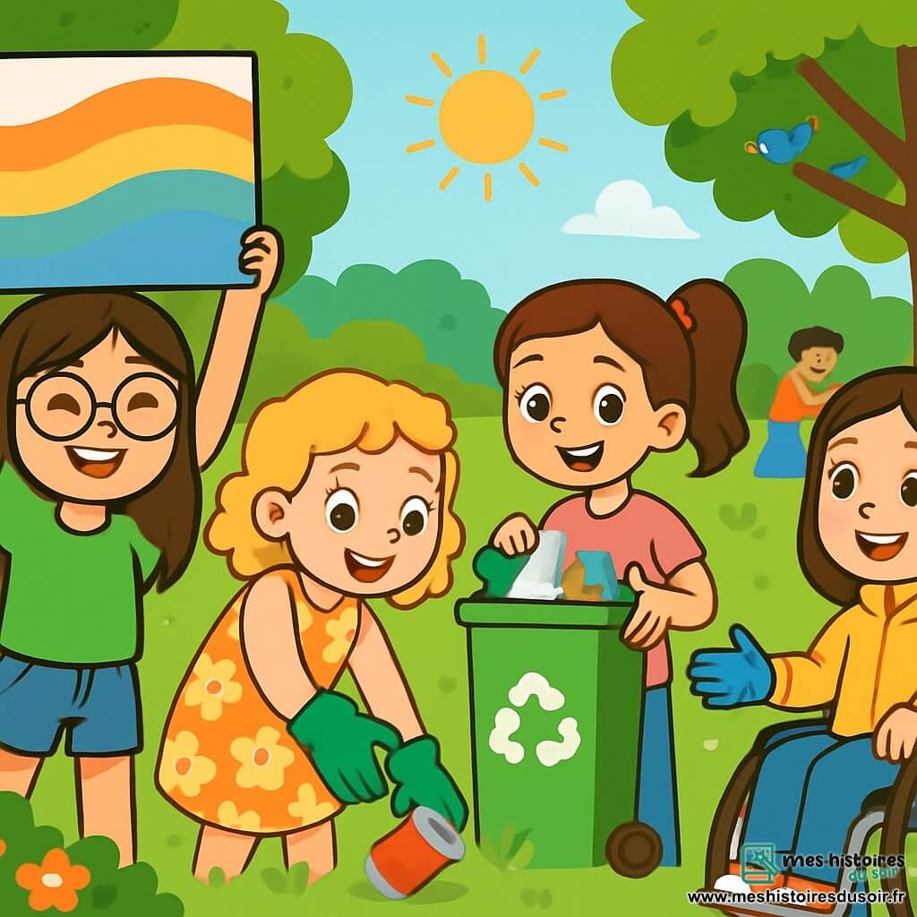 Quatre enfants participent à un nettoyage de parc : Léa, 8 ans, avec de longs cheveux bruns et des lunettes rondes, tient une affiche "Ensemble pour notre parc !" ; Mia, 7 ans, avec des boucles dorées et une robe à fleurs, ramasse une canette ; Sarah, 8 ans, avec des cheveux châtains en queue de cheval, montre une poubelle de tri ; et Anna, 9 ans, dans un fauteuil roulant, distribue des gants. Le parc est verdoyant, avec des fleurs et des arbres, sous un ciel bleu. L'atmosphère est joyeuse alors qu'elles nettoient le parc avec d'autres enfants.