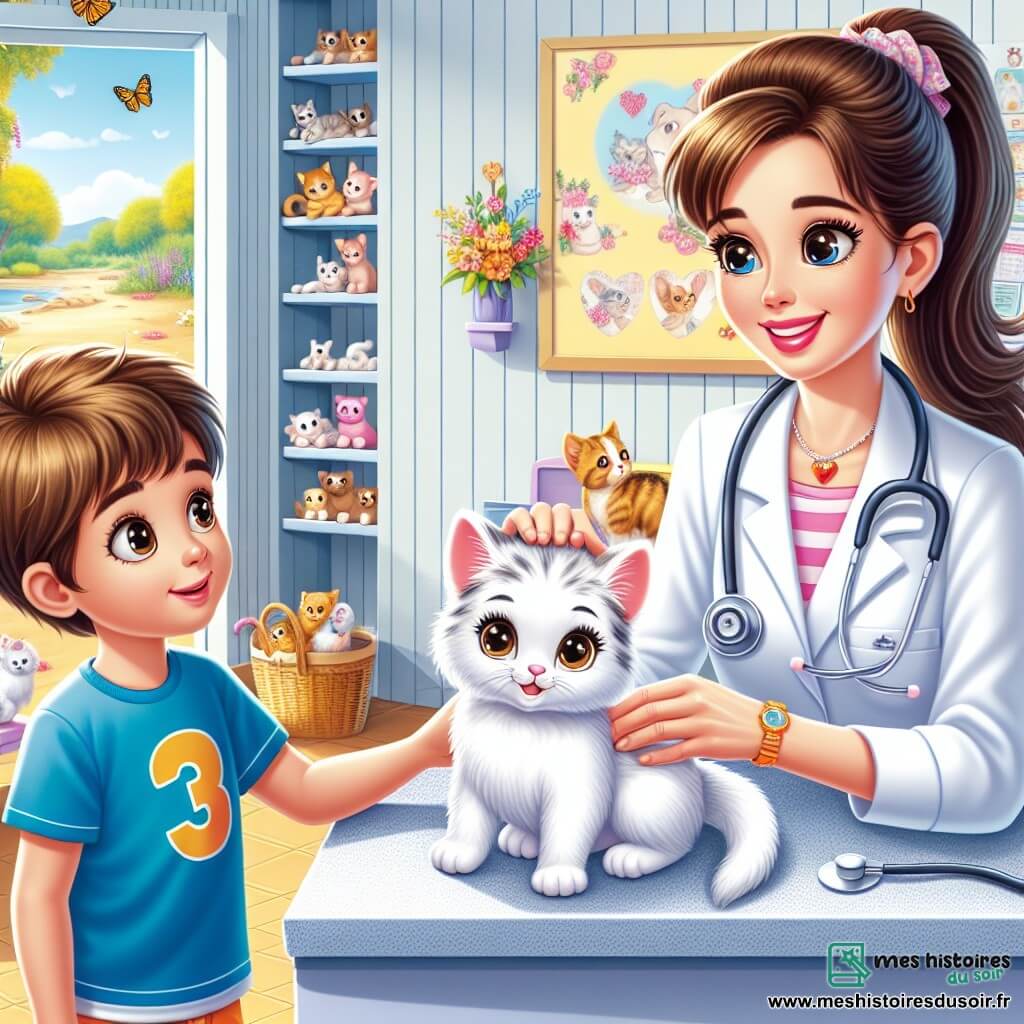 Dr. Amélie est une vétérinaire d'une trentaine d'années, avec de longs cheveux châtains en queue de cheval, portant une blouse blanche et un stéthoscope. Elle sourit chaleureusement en caressant la tête de Choupette, une petite chatte blanche, sur la table d'examen. À côté, Léo, un garçon de huit ans avec des cheveux bruns en bataille, observe avec curiosité. La scène se déroule dans une clinique vétérinaire colorée, avec des murs jaunes et des décorations d'animaux, et un jardin fleuri visible à travers une fenêtre. Dr. Amélie rassure Choupette avant son opération, tandis que Léo écoute attentivement ses explications.