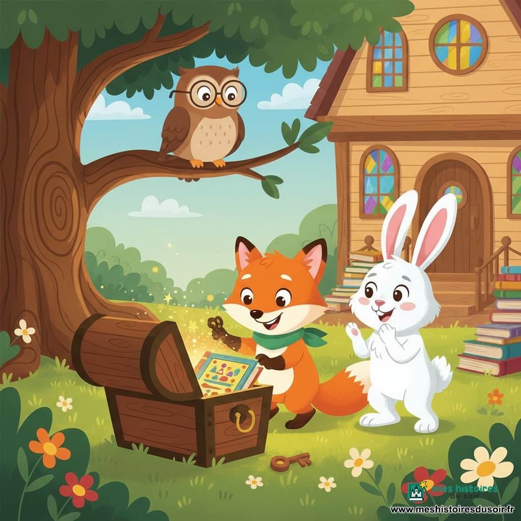Rufus, petit renard orange au ventre blanc et à l’écharpe verte, curieux et joyeux, insère une clé brillante dans un coffre en bois; Lila, chouette brune aux lunettes rondes, perchée sur une branche, observe bienveillante; Max, lapin blanc duveteux aux grandes oreilles roses, applaudit; dans le jardin de la bibliothèque enchantée — grand arbre aux racines tourbillonnantes, pelouse fleurie et façade en bois à vitraux avec livres éparpillés — le coffre s’ouvre sur une lumière dorée et des étincelles révélant un grand livre illustré, ambiance chaleureuse aux couleurs pastel saturées, composition centrée sur le coffre et les visages émerveillés.