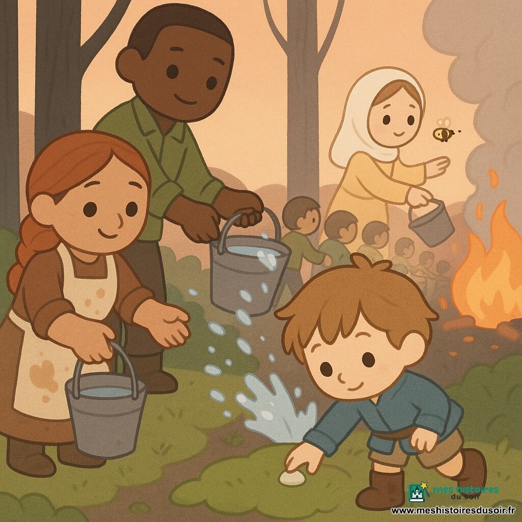 Le Petit Poucet, garçon déterminé, cheveux châtain clair en bataille, pose un petit caillou blanc sur la mousse ; à sa gauche Lila, potière rousse en tablier, passe un seau d’eau, derrière elle Eliot, jardinier grand en veste verte, forme la chaîne de seaux, et à l’arrière Sara, apicultrice en robe jaune, éloigne doucement une abeille de la fumée dans une forêt crépusculaire aux troncs sombres et à la mousse épaisse ; des villageois font une chaîne pour éteindre des flammes en lisière, éclaboussures et fumée s’élèvent vers un ciel orangé ; palette douce et contrastée (verts tendres, bruns chauds, touches d’orange et bleu clair), style aux formes simples et traits arrondis, ambiance chaleureuse.