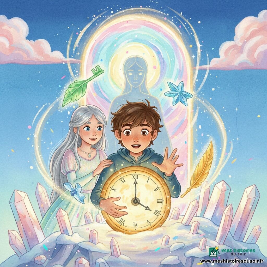 Lucas, garçon de 10 ans au centre, visage émerveillé et déterminé, cheveux bruns en bataille, mains tendues vers une horloge ancienne brillante; Lyra, fille d’environ 11 ans à gauche, cheveux argentés et robe chatoyante, souriante, main sur son épaule; le Gardien de l’espace-temps, silhouette mystérieuse et légèrement translucide, apparaît derrière l’horloge avec une aura douce et un regard bienveillant; trois clés en cristal flottent en cercle autour de l’horloge — clé-feuille verte, clé-étoile marine bleue, clé-plume dorée; sommet de la montagne de Cristal avec rochers facettés, stalactites prismatiques, neige pâle et reflets arc-en-ciel; un grand portail tourbillonnant de couleurs pastel s’ouvre derrière l’horloge, traits de lumière courbés et particules lumineuses; atmosphère magique et héroïque, éclairage chaud venant de l’horloge contrastant avec un ciel bleu profond et des nuages roses, texture gouache avec coups de pinceau doux et bords légèrement flous; composition centrée, personnages proches pour une scène intime et pleine d’espoir.