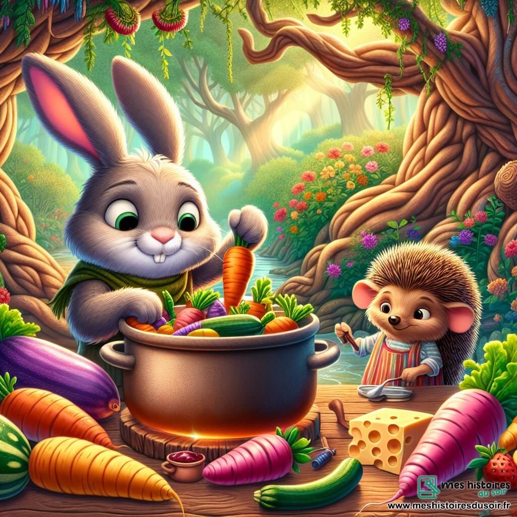 Benjamin, un lapin aux grandes oreilles et à la fourrure duveteuse, est au centre de l'image, affichant une expression déterminée et excitée. Il mélange des légumes colorés dans une grande casserole, entouré de carottes mauves, de courgettes à pois et de fromage au piment sur une table en bois. À côté de lui, Gérard, un gros hérisson souriant, tient une carotte rayée, prêt à aider. Lili, une petite souris curieuse, accroupie près de la casserole, ajoute de la confiture de fraises. La scène se déroule dans une forêt enchantée, avec de grands arbres et des fleurs multicolores, sous des rayons de soleil créant une ambiance magique. Ils préparent un plat farfelu pour le Grand Festival des Saveurs Étranges, avec des ingrédients surprenants.
