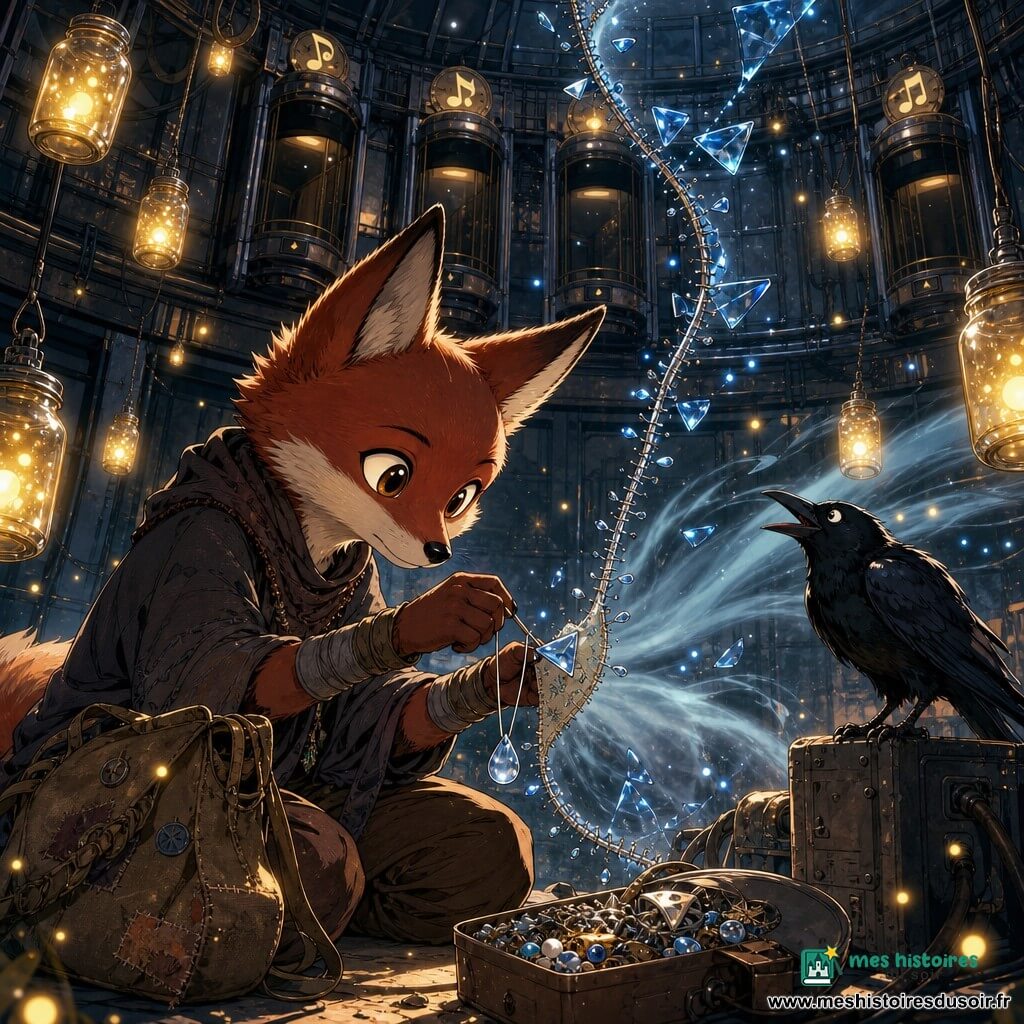 Nox, renard anthropomorphe au pelage roux foncé et ventre crème, yeux grands et curieux, accroupi et concentré, recoud une fissure lumineuse dans l’air avec un petit morceau de tissu brodé; sa sacoche en toile usée et une boîte à biscuits pleine de fragments métalliques et de perles sont posées à côté de lui. Un corbeau noir luisant, perché sur un boîtier électrique proche, le regarde avec amusement, bec légèrement ouvert. Des lucioles dorées flottent dans de petits bocaux de verre suspendus autour de la salle, leurs halos chauds éclairant doucement les visages. En arrière-plan, des ascenseurs chantants : cabines en verre fumé alignées, plaques de notes de musique au-dessus, écrans éteints et câbles tombants, le tout dans une vaste salle ronde aux murs métalliques et tuyaux apparents. La fissure ressemble à une fermeture éclair mal fermée, bordée d’éclats de verre bleu et de gouttes de pluie pétrifiées; Nox pose délicatement un triangle de verre et une perle de pluie pour recoudre la déchirure tandis qu’une brise lumineuse devient un souffle doux. Atmosphère contrastée entre métal urbain froid et néons lointains, et la lumière chaude des bocaux; style manga détaillé, traits nets, couleurs saturées mais tendres.