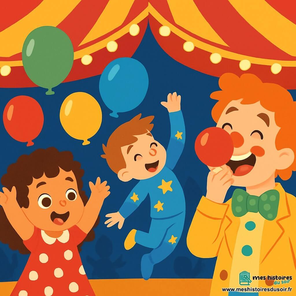 Zoé, une petite fille de 2 ans aux grands yeux brillants et cheveux bouclés, porte une robe rouge à pois blancs et sourit en levant les bras, entourée de ballons colorés. Léo, un garçon acrobate de 5 ans, saute en arrière avec un sourire espiègle, vêtu d'un costume bleu vif à étoiles dorées, prêt à attraper un ballon. Un clown jovial d'environ 30 ans, avec un nez rouge et des cheveux ébouriffés, rit après avoir reçu un ballon sur le visage. La scène se déroule sous un chapiteau de cirque aux couleurs vives, illuminé par des lumières scintillantes, avec des spectateurs applaudissant en arrière-plan. Zoé et Léo s'amusent ensemble, tandis que le clown rit de tout cœur.