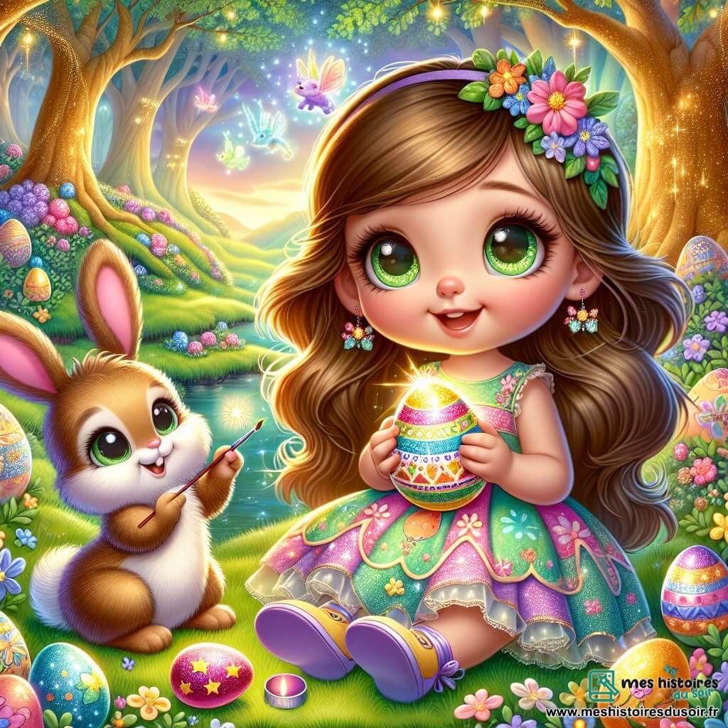 Lila, une petite fille de 4 ans aux longs cheveux bruns et aux yeux pétillants, est assise sur l'herbe d'une forêt magique. Elle porte une robe colorée avec des motifs de fleurs et tient un œuf brillant, émerveillée. À ses côtés, un petit lapin de Pâques aux grandes oreilles et à la fourrure douce l'encourage à peindre des œufs magiques. En arrière-plan, des arbres dorés et des fleurs multicolores dansent au vent, tandis que des œufs scintillants reposent au sol, illuminés par le soleil. Lila peint un œuf avec des étoiles, et la magie de Pâques crée une atmosphère joyeuse.