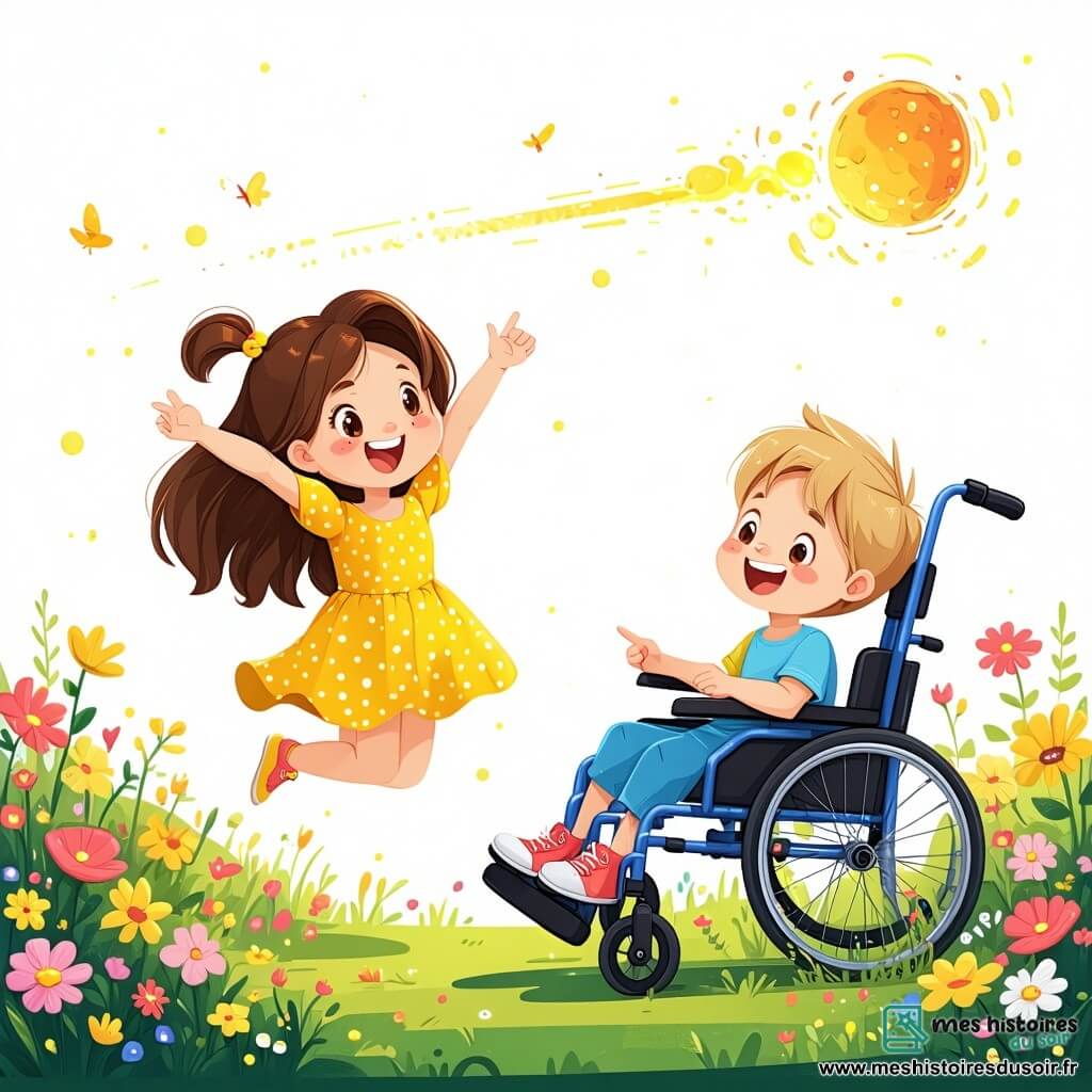Dans un champ de fleurs multicolores, trois personnages principaux sont présents : Léo, une fille de 8 ans aux longs cheveux bruns, en robe jaune à pois, sautant de joie ; Max, un garçon de 9 ans aux cheveux blonds, assis dans son fauteuil roulant, souriant et pointant une comète dans le ciel ; et Zog, un petit extraterrestre vert de 1 mètre, dansant joyeusement entouré d'étoiles. Le champ est rempli de fleurs éclatantes et en arrière-plan, une colline douce et un ciel étoilé avec une comète illuminant la scène. Léo et Max regardent Zog danser, créant une ambiance magique et joyeuse.