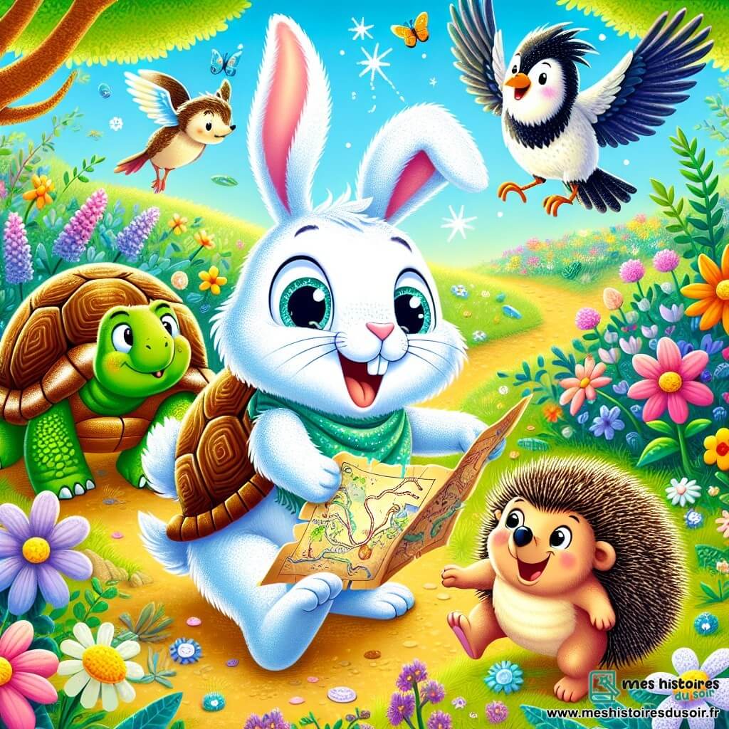 Léo, un lapin espiègle au pelage blanc, se tient dans un jardin coloré avec une carte au trésor. À ses côtés, Bella la tortue, curieuse, observe la carte, tandis que Max le hérisson s'approche joyeusement et Trixie la pie vole au-dessus d'eux. Le jardin est rempli de fleurs vives, de papillons et d'une fontaine scintillante, créant une ambiance printanière. Léo et ses amis sont prêts pour une aventure à la recherche des œufs de Pâques cachés.