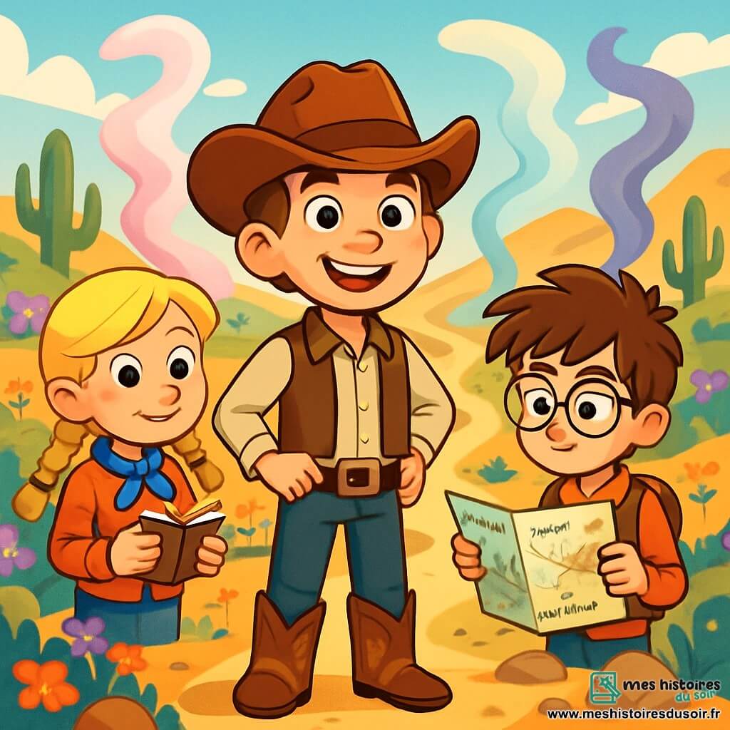 Jack Malone, un cow-boy de 10 ans, se tient au centre de la Vallée des Mirages, souriant avec détermination. Il porte un chapeau usé, un gilet en cuir marron et des bottes poussiéreuses. À ses côtés, Clara, 9 ans, aux cheveux blonds tressés et vêtue d'une chemise à carreaux rouge, observe avec curiosité en tenant un carnet. Billy, 10 ans, avec des lunettes et des cheveux bruns en bataille, examine une carte avec enthousiasme. La Vallée des Mirages est un paysage enchanteur, avec des collines fleuries, des cactus étranges et des pierres scintillantes. Jack, Clara et Billy hésitent entre les sentiers de la Lune, du Vent et des Ombres, entourés de mirages colorés qui compliquent leur choix.