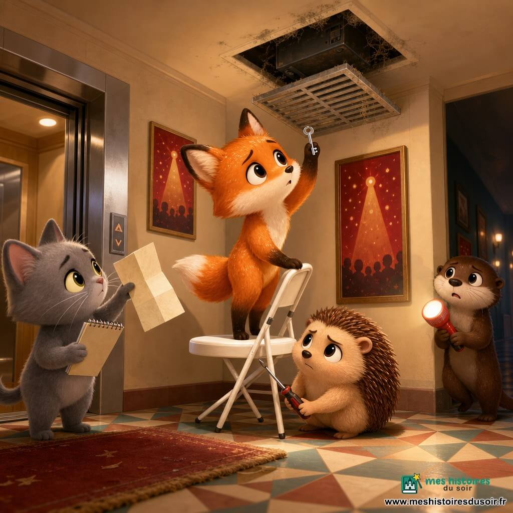 Roussel, renard chibi roux aux grands yeux, debout sur une chaise pliante blanche, tient une petite clé brillante et regarde une grille d’aération au plafond; Noa, hérisson chibi rond aux piquants châtain, accroupi près de la chaise avec un tournevis, fixe une boîte noire collée derrière la grille; Inès, chatte chibi grise au carnet à spirales, se tient en retrait à gauche en pointant un papier plié marqué NE REGARDE PAS EN HAUT; Lila, loutre chibi brune, maigre et vive, tient une lampe torche rouge dans l’ombre du couloir à droite, prête à éclairer la grille; lieu: hall d’immeuble coquet aux murs crème, affiches rouges «Salle des Lucioles», carrelage géométrique, ascenseur métallique ouvert et tapis d’entrée usé; ambiance: découverte et tension douce, lumière de torche créant des ombres, mystère enfantin, couleurs chaudes, style mignon et expressif.