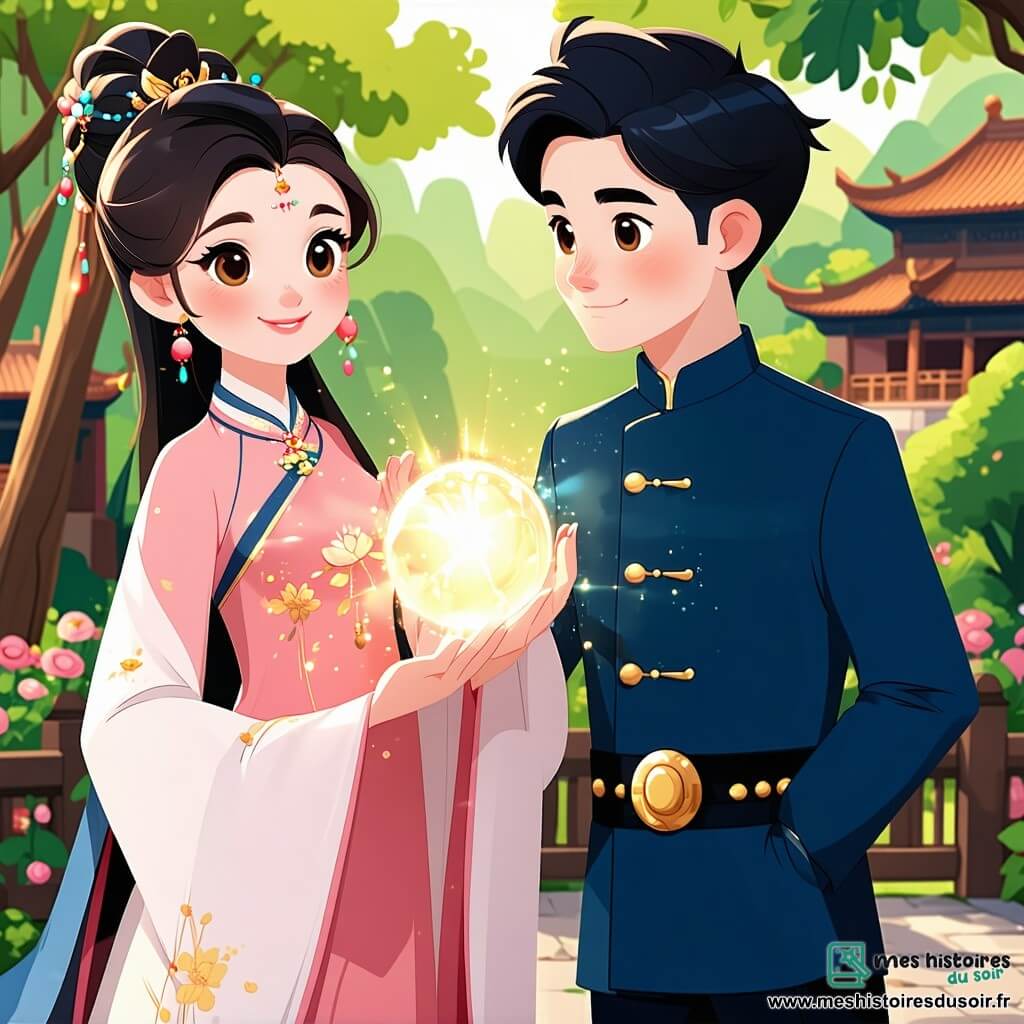 Mei Ling, une jeune femme de 16 ans, se tient au centre d'un jardin impérial, ses yeux brillants de détermination. Elle porte une robe de soie rose ornée de motifs floraux dorés et tient une orbe lumineuse. À ses côtés, Zhao, un garçon de 18 ans, en tunique bleu foncé, la regarde avec admiration. Li Wei, un homme d'une trentaine d'années, se tient en arrière, vêtu d'une robe de sage beige, observant la scène. Le jardin est enchanteur, rempli de fleurs de lotus et d'arbres aux feuilles dorées. Mei Ling lève l'orbe vers le ciel, des éclats de lumière en jaillissent, révélant la vérité cachée. Les visages de Zhao et Li Wei expriment émerveillement et détermination.