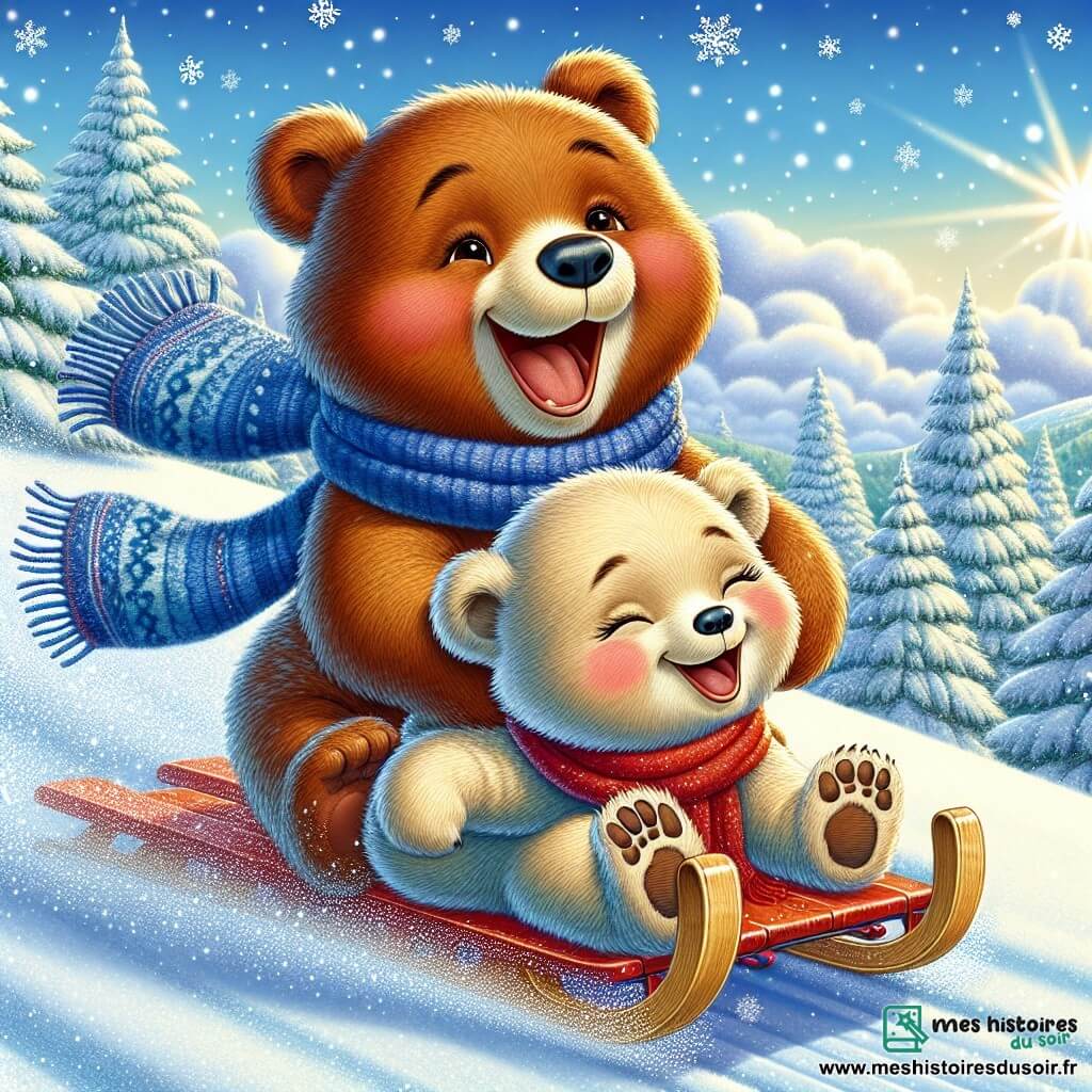Au premier plan, Oscar l'ours, un ours brun curieux, glisse joyeusement sur une luge rouge, souriant et avec des joues roses. Il porte une écharpe bleue flottant dans le vent. À ses côtés, Lila, une ourse crème avec des taches brunes, rit en poussant sa luge en bas de la colline, pleine d'énergie. Le décor est une colline enneigée entourée d'arbres chargés de neige, sous un ciel bleu parsemé de nuages. Oscar et Lila dévalent la colline en riant, créant une atmosphère festive et joyeuse.