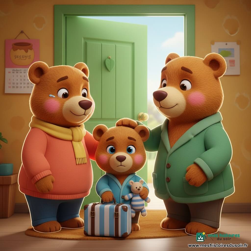 Petit Ours, un petit ours en peluche debout au visage rond et aux joues rosées, tient fermement une valise rayée bleue et son doudou ; Maman Ours, en pull corail et écharpe jaune, sourit les yeux humides en posant une main sur l'épaule de Petit Ours à gauche de la porte, tandis que Papa Ours, en manteau vert, s'agenouille à droite en ébouriffant tendrement ses cheveux ; la porte verte, le paillasson usé et la lumière douce du matin créent une atmosphère chaleureuse et émotive au moment des adieux.