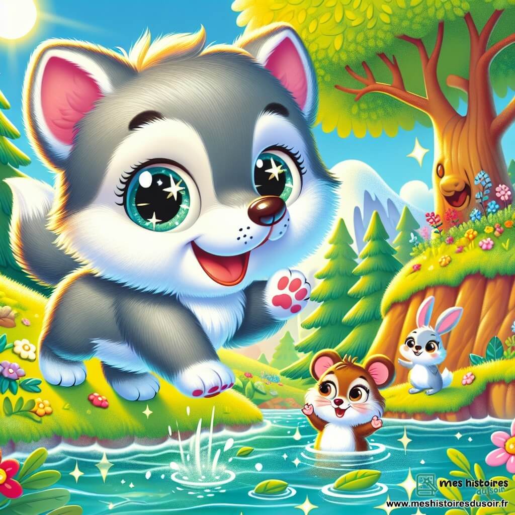 Un petit loup aux yeux pétillants et au pelage doux et gris se tient au bord d'une rivière scintillante, souriant joyeusement et prêt à sauter. À ses côtés, une petite souris brune aux grandes oreilles l'encourage en levant une patte, tandis qu'un lapin blanc amusé se tient un peu plus loin, prêt à applaudir. En arrière-plan, un grand arbre aux feuilles vertes s'élève sous un ciel bleu clair, avec des fleurs colorées le long de la rivière. La scène dégage une ambiance joyeuse et amicale, avec le loup entouré de ses amis.