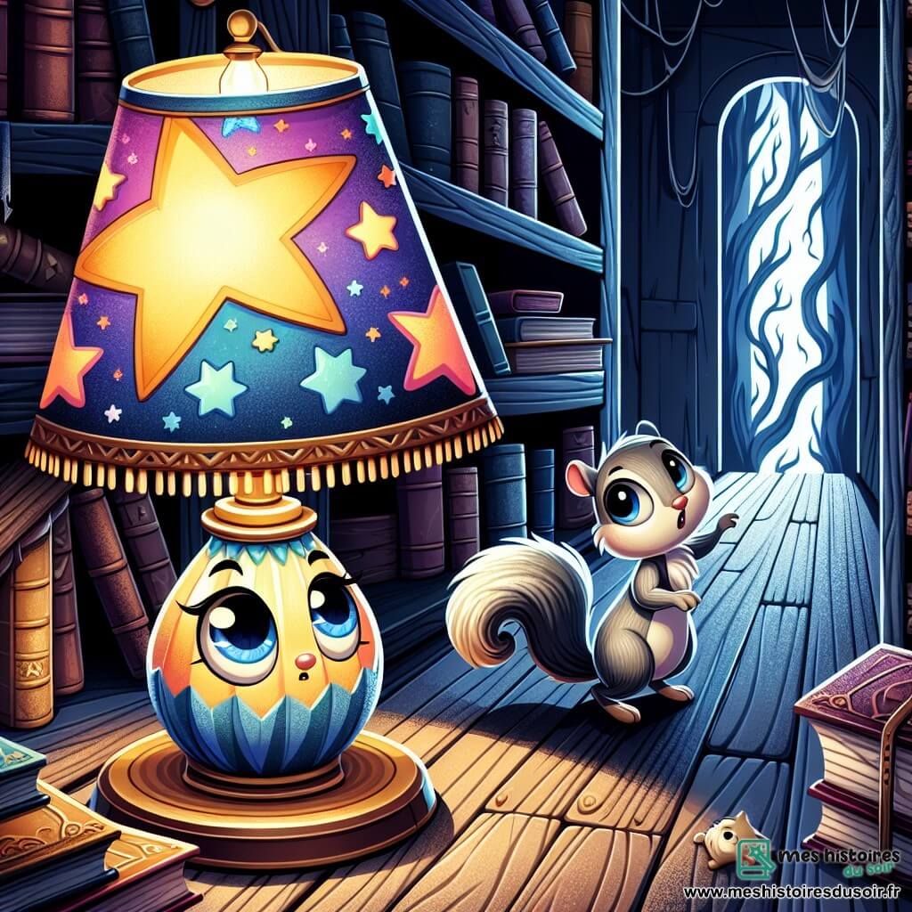 Lumière, une lampe de chevet colorée, se trouve au centre d'une pièce sombre et poussiéreuse, ses yeux brillants reflétant curiosité et inquiétude. Son abat-jour étoilé projette une lueur douce sur le sol en bois craqué. Près d'elle, un petit écureuil argenté, malicieux, l'observe depuis une étagère sur un livre ancien, prêt à l'aider. La bibliothèque oubliée est remplie de livres poussiéreux et de toiles d'araignée, avec des étagères sombres. Une porte dérobée, entrebâillée, dévoile un couloir obscur où dansent des ombres. Lumière, déterminée, s'apprête à franchir la porte pour explorer le couloir, encouragée par l'écureuil à découvrir les mystères de la forêt enchantée.