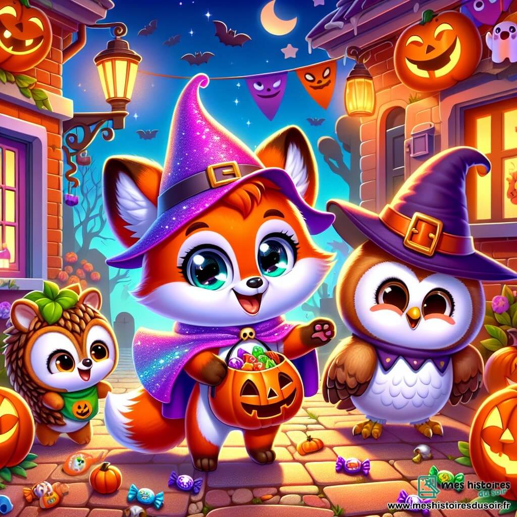 Un petit renard aux poils roux et brillants, avec de grands yeux joyeux, porte un costume de fantôme avec une cape violette scintillante. Il sourit en tenant un sac de bonbons. À ses côtés, une petite chouette déguisée en sorcière rit joyeusement. Un petit hérisson en costume de citrouille les regarde avec amusement. La scène se déroule dans une rue animée d'Halloween, illuminée par des lampions orange et décorée de citrouilles souriantes et de toiles d'araignée. Les maisons sont ornées de fantômes en papier et de squelettes dansants. Les trois amis, excités, s'apprêtent à sonner à la porte d'une maison décorée pour demander des bonbons.