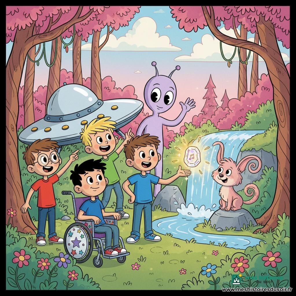 Dans une forêt colorée près d'une petite cascade, quatre garçons de 6 ans — Lucas (châtain court, t-shirt rouge, lunettes, à gauche, pointant le vaisseau), Max (blond en bataille, t-shirt vert, sautillant), Tom (brun, t-shirt bleu, mains sur les hanches) et Léo (noir, court, en fauteuil roulant étoilé, sourire confiant) — découvrent avec l'extraterrestre amical Zog (peau lavande, grands yeux ronds, petites antennes, debout près de l'ouverture d'un vaisseau argenté) la Grande Pierre de Couleurs au bord de la cascade; la pierre multicolore brille et scintille, Zog tend la main pour la réveiller et Fluffy (petit animal rose à longues oreilles trompette et queue en spirale) observe posé sur une pierre; style cartoon rétro, couleurs saturées, contours épais, expressions exagérées et poses dynamiques.