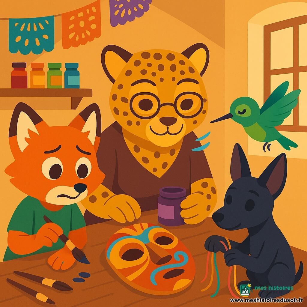Milo, jeune renard anthropomorphe au pelage roux vif, tient un petit pinceau et nettoie délicatement un masque en bois avec une tache de peinture bleue sur la patte; Maestra Naira, jaguarte âgée au regard bienveillant et lunettes rondes, tient un pot de peinture et guide Milo en posant la main près du masque; Tino, petit colibri vert aux ailes floues, souffle doucement pour aider la peinture à sécher posé sur le bord de la table; Izel, jeune xoloitzcuintle aux oreilles pointues, tient des fils colorés assis au sol; l'atelier chaleureux aux murs ocres, étagères de pots vifs et papel picado suspendu accueille la scène de réparation après un renversement de peinture: le masque presque terminé montre la trace bleue transformée en petite spirale décorative, tous coopèrent calmement dans une ambiance de patience et de création.