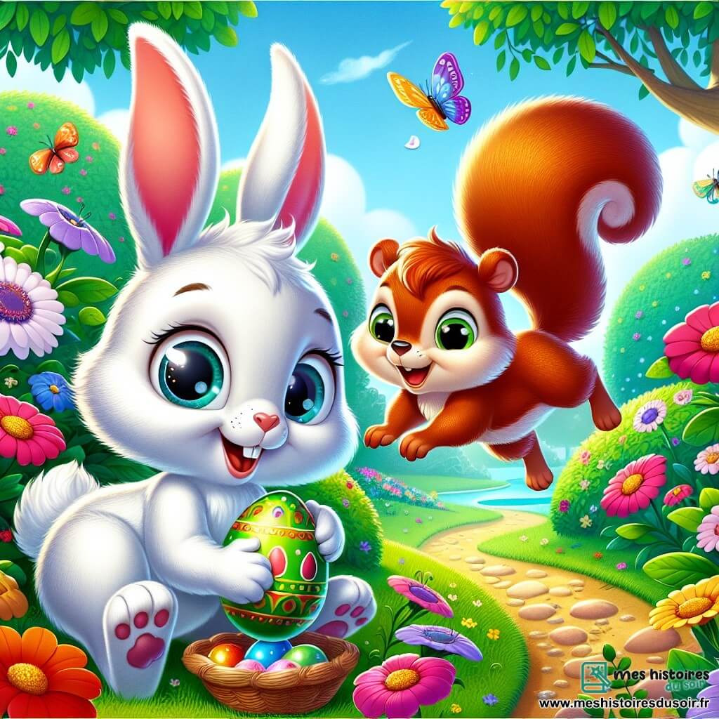Léo, un petit lapin blanc aux grandes oreilles et aux yeux curieux, tient un œuf de Pâques brillant entre ses pattes, souriant d'excitation. À ses côtés, un écureuil espiègle au pelage roux saute de joie, ses yeux malicieux pointant vers le jardin. Ce jardin enchanteur est rempli de fleurs colorées, de papillons et d'un chemin sinueux bordé de buissons. Léo et l'écureuil découvrent un œuf de Pâques mystérieux au milieu des fleurs, prêts à suivre le chemin vers une aventure magique.