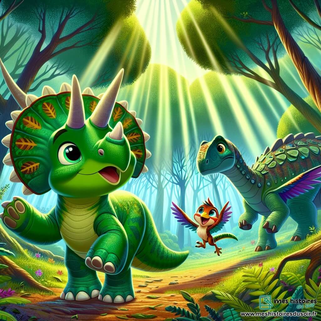 Tino, un jeune tricératops à la peau verte et aux trois cornes, affiche une expression déterminée et joyeuse, prêt à partir à l'aventure. À ses côtés, Roxy, un petit vélociraptor aux plumes colorées, saute avec enthousiasme. En arrière-plan, Arlo, un ankylosaure sage, les observe avec bienveillance. La scène se déroule dans une forêt mystérieuse, où de grands arbres filtrent la lumière du soleil, créant une atmosphère magique. Tino et Roxy s'apprêtent à entrer dans la forêt pour trouver un allié légendaire qui les aidera à protéger leur monde, marquant le début d'une grande aventure.