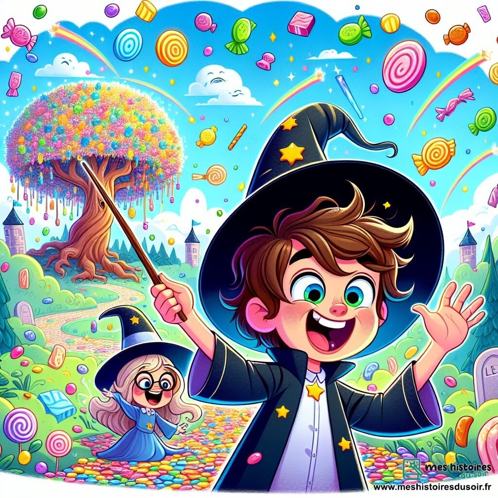 Un garçon de 9 ans, Timothée, avec des cheveux ébouriffés et un grand chapeau de magicien trop grand pour lui, se tient au centre de l'image, les yeux écarquillés et un sourire malicieux. Il tient une baguette en bois, entouré de bonbons colorés tombant du ciel. À ses côtés, Léa, une fille de 9 ans avec de longs cheveux bruns et des lunettes rondes, rit aux éclats, les bras levés, comme si elle dansait sous la pluie de bonbons. En arrière-plan, l'Arbre des Souhaits, un arbre géant aux feuilles multicolores, semble danser au rythme de la magie, tandis que le ciel est rempli de nuages en forme de bonbons. Timothée tente de lancer un sort pour faire pleuvoir des bonbons, mais c'est une pluie de chapeaux de sorciers qui tombe, provoquant des rires chez Léa et les villageois.