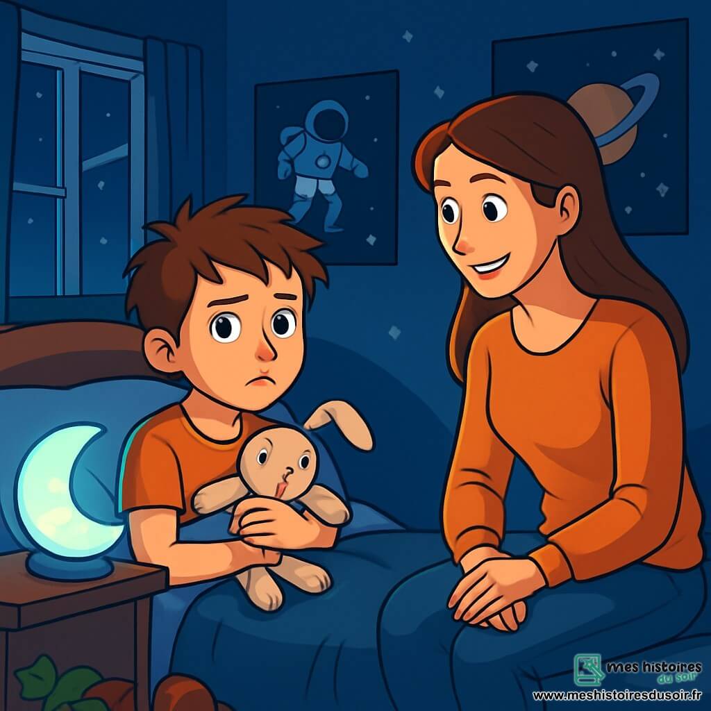 Lucas, un garçon de 12 ans aux cheveux châtains en bataille et aux yeux curieux, est allongé dans son lit, tenant un doudou en forme de lapin. À côté de lui, une veilleuse en forme de lune diffuse une douce lumière bleue. Sa mère, une femme d'une trentaine d'années avec des cheveux longs et bruns, se tient près de lui, prête à lui raconter une histoire. La chambre est décorée de posters d'astronautes et de planètes, avec des murs peints en bleu nuit. Des jouets sont éparpillés sur le sol et une fenêtre ouverte laisse entrer un léger souffle de vent. Lucas, anxieux mais courageux, est prêt à affronter ses peurs nocturnes tandis que sa mère lui parle pour l'apaiser, créant une ambiance magique avec la lumière de la veilleuse.